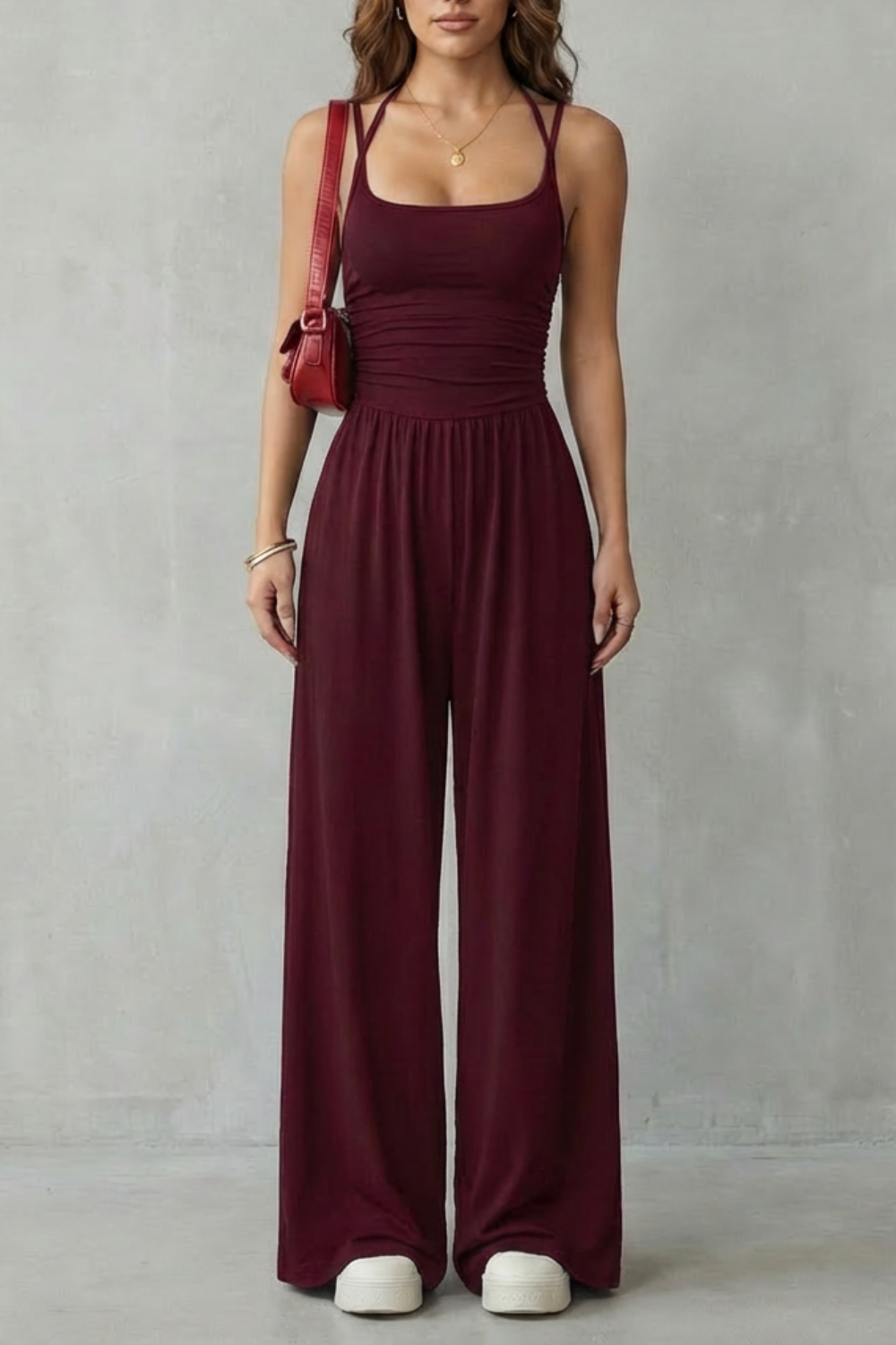 Women's Wide-Leg Jumpsuit Square Neck Double Strap Ruched Waist Sleeveless Casual