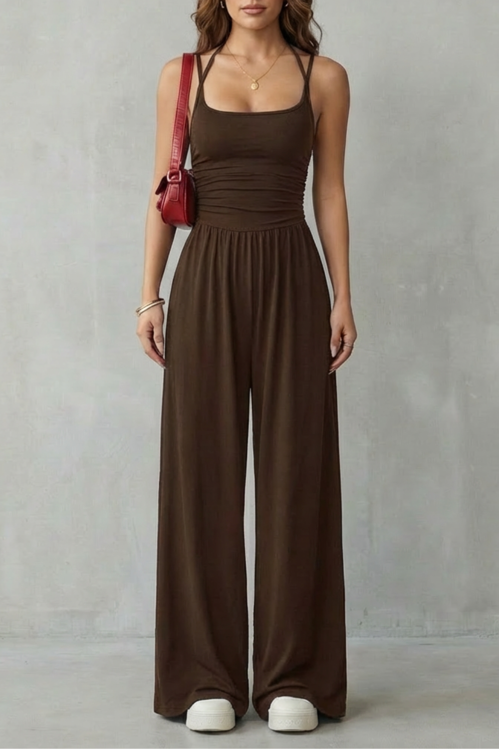 Women's Wide-Leg Jumpsuit Square Neck Double Strap Ruched Waist Sleeveless Casual