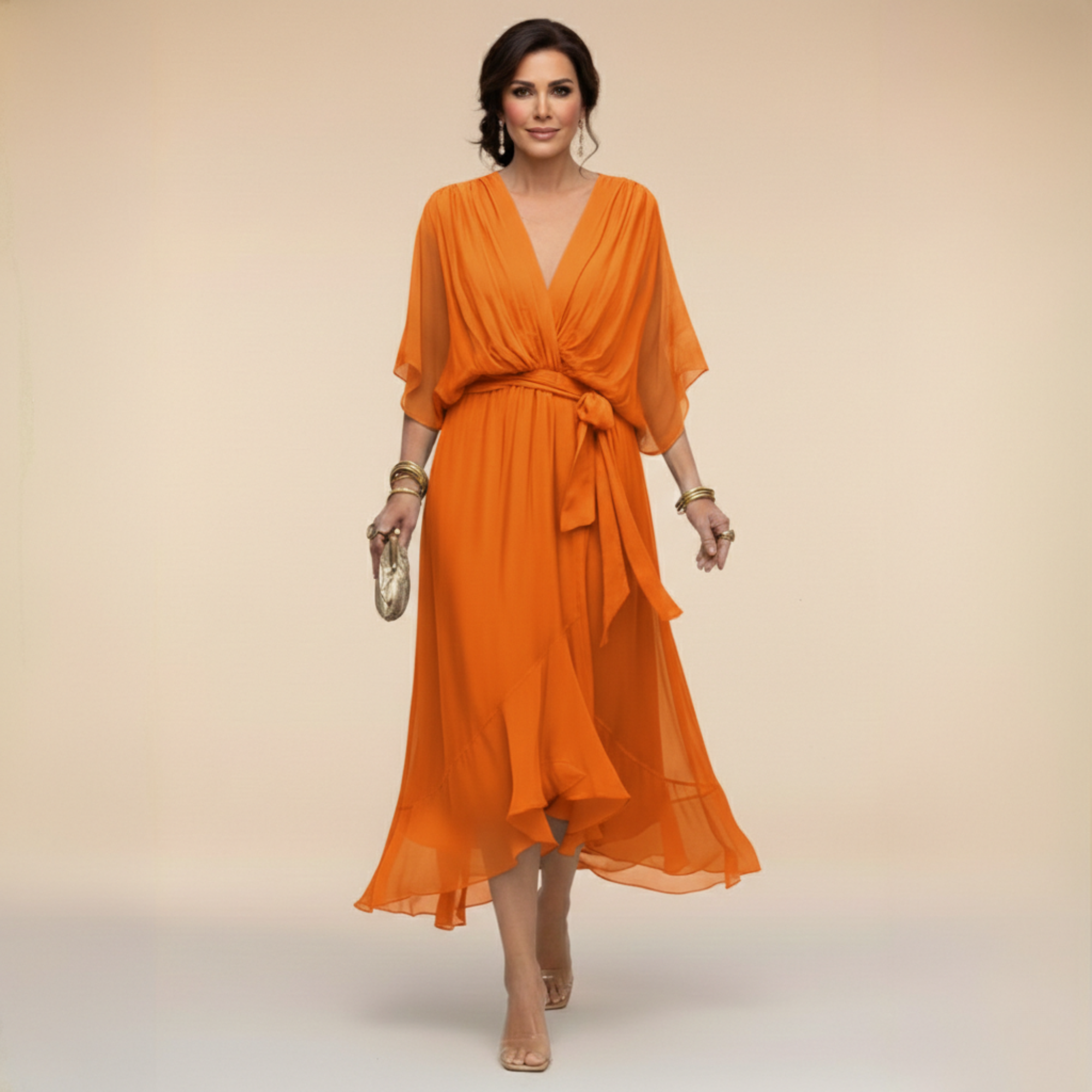 Women's Wrap Midi Dress V-Neck Batwing Sleeve Belted Ruffle Hem Cocktail Party