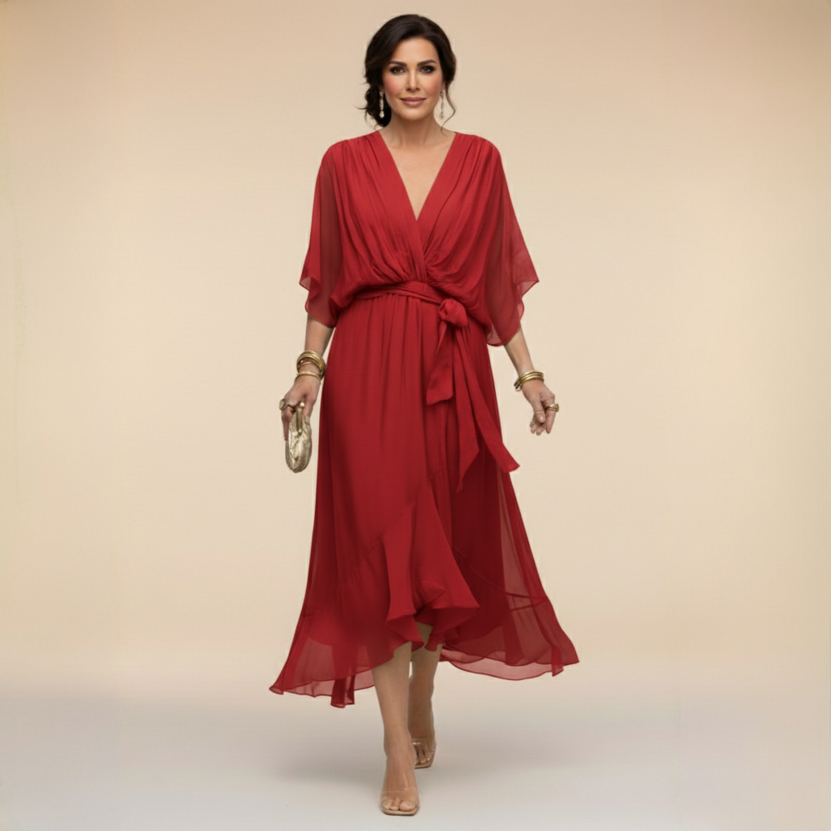 Women's Wrap Midi Dress V-Neck Batwing Sleeve Belted Ruffle Hem Cocktail Party