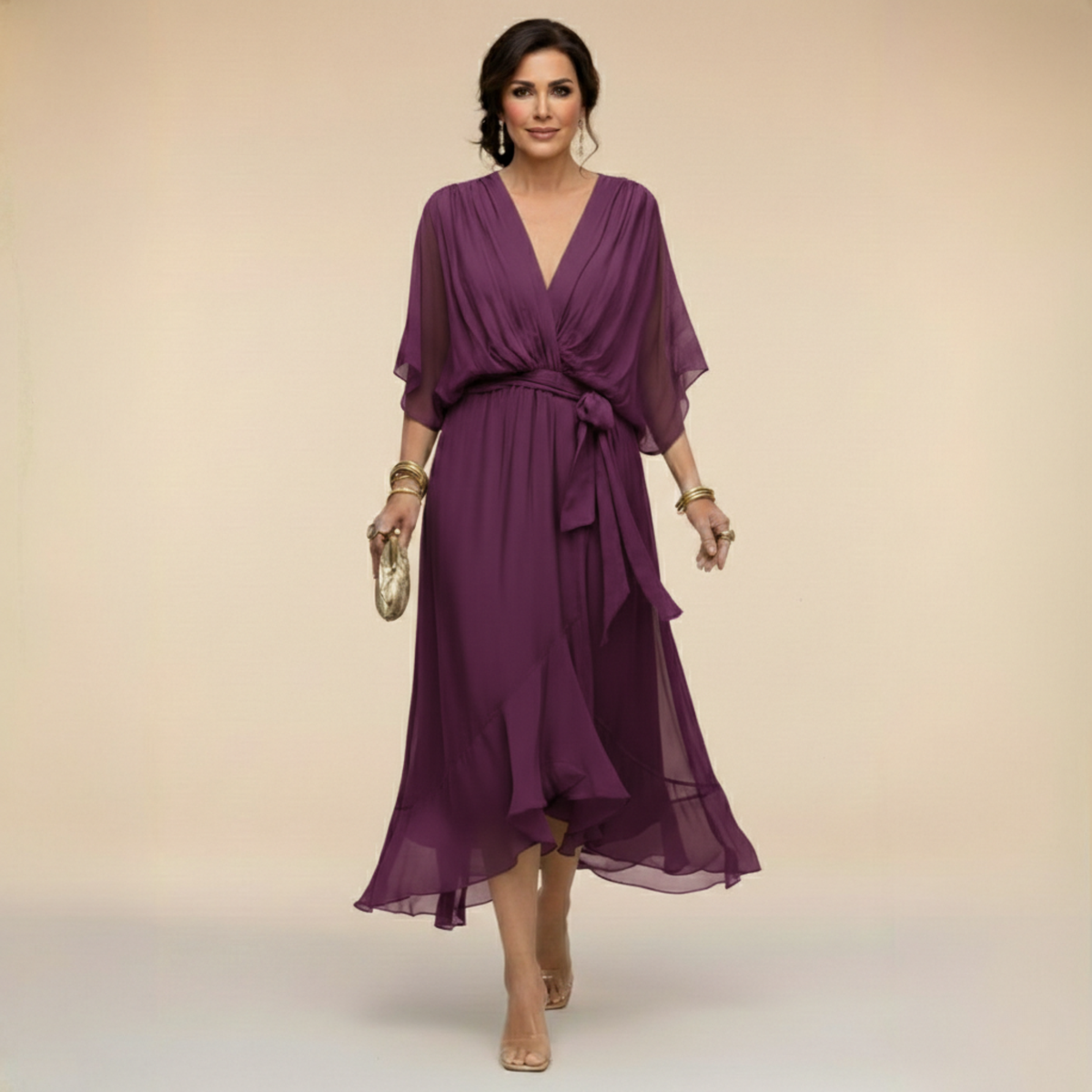 Women's Wrap Midi Dress V-Neck Batwing Sleeve Belted Ruffle Hem Cocktail Party