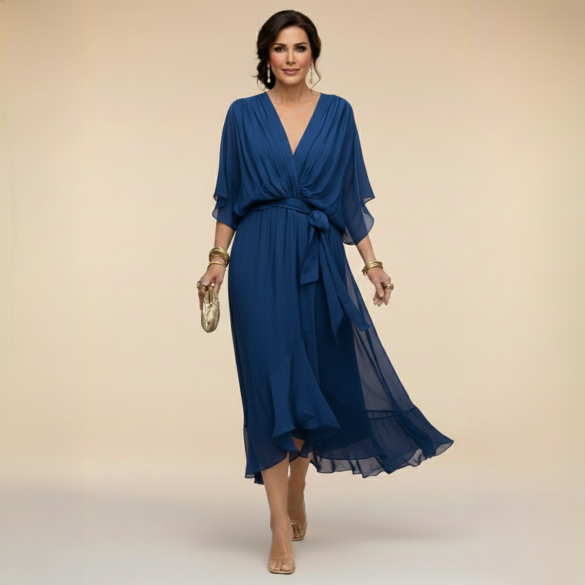 Women's Wrap Midi Dress V-Neck Batwing Sleeve Belted Ruffle Hem Cocktail Party