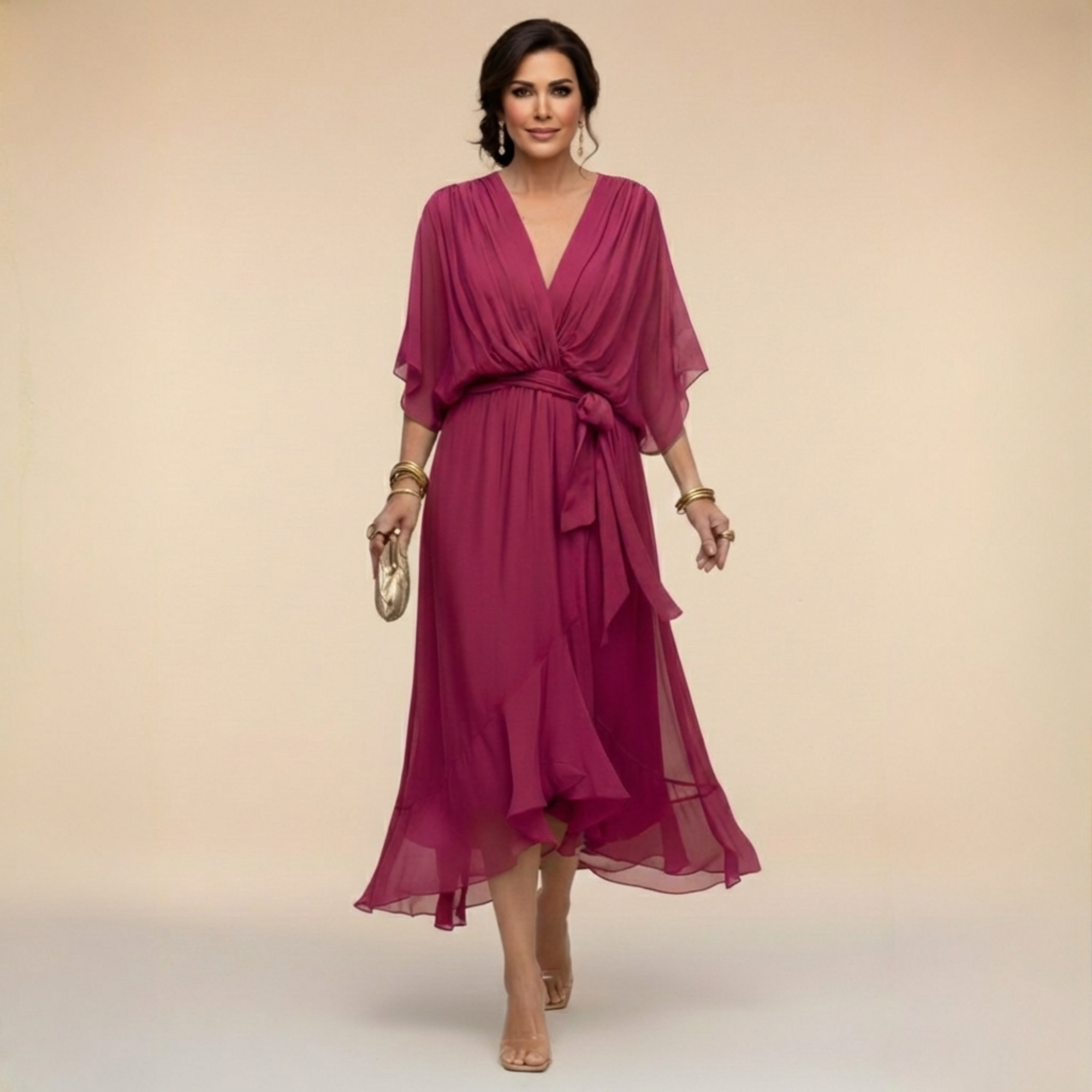 Women's Wrap Midi Dress V-Neck Batwing Sleeve Belted Ruffle Hem Cocktail Party