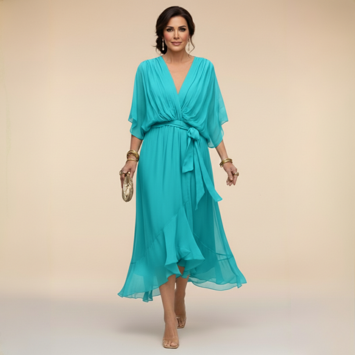 Women's Wrap Midi Dress V-Neck Batwing Sleeve Belted Ruffle Hem Cocktail Party