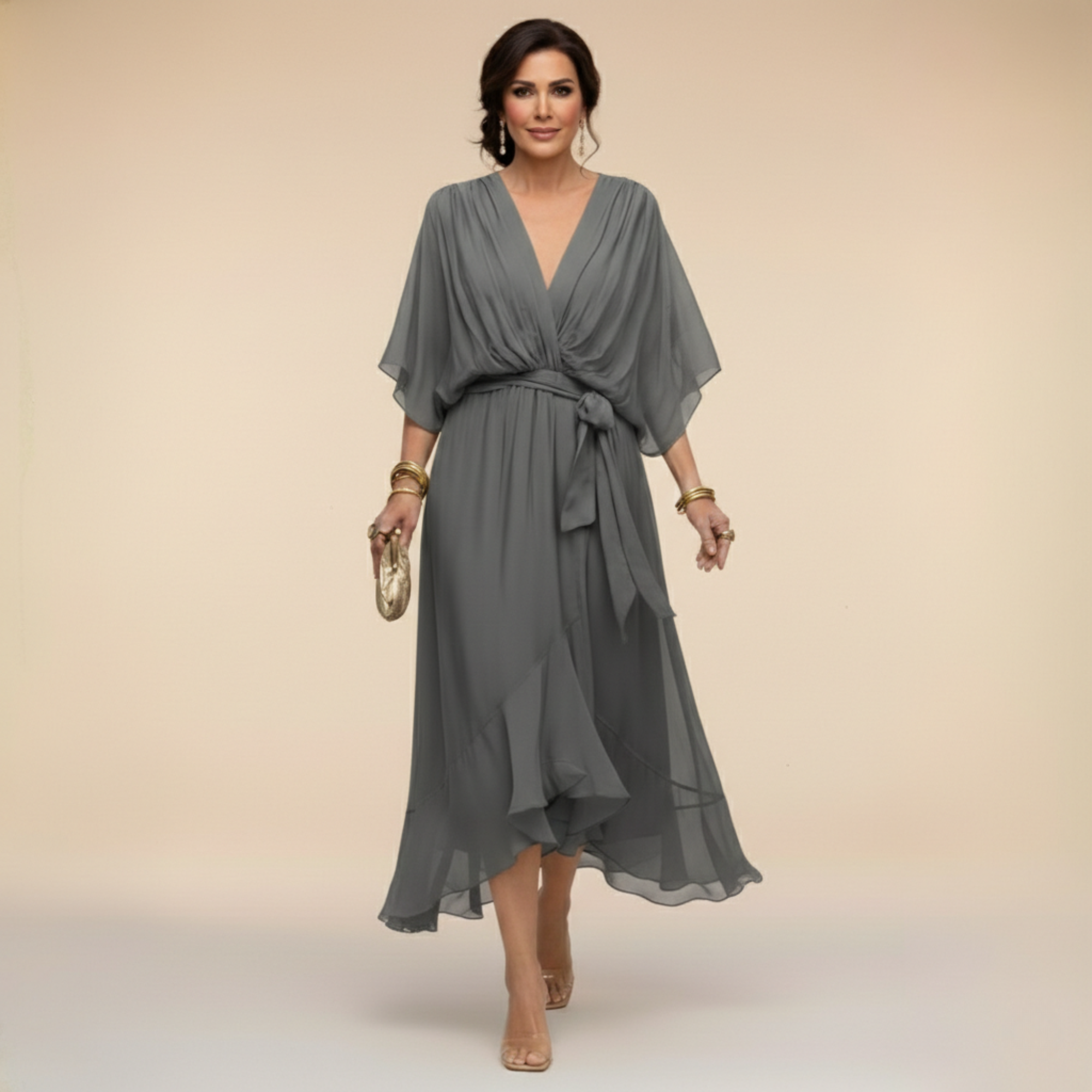 Women's Wrap Midi Dress V-Neck Batwing Sleeve Belted Ruffle Hem Cocktail Party