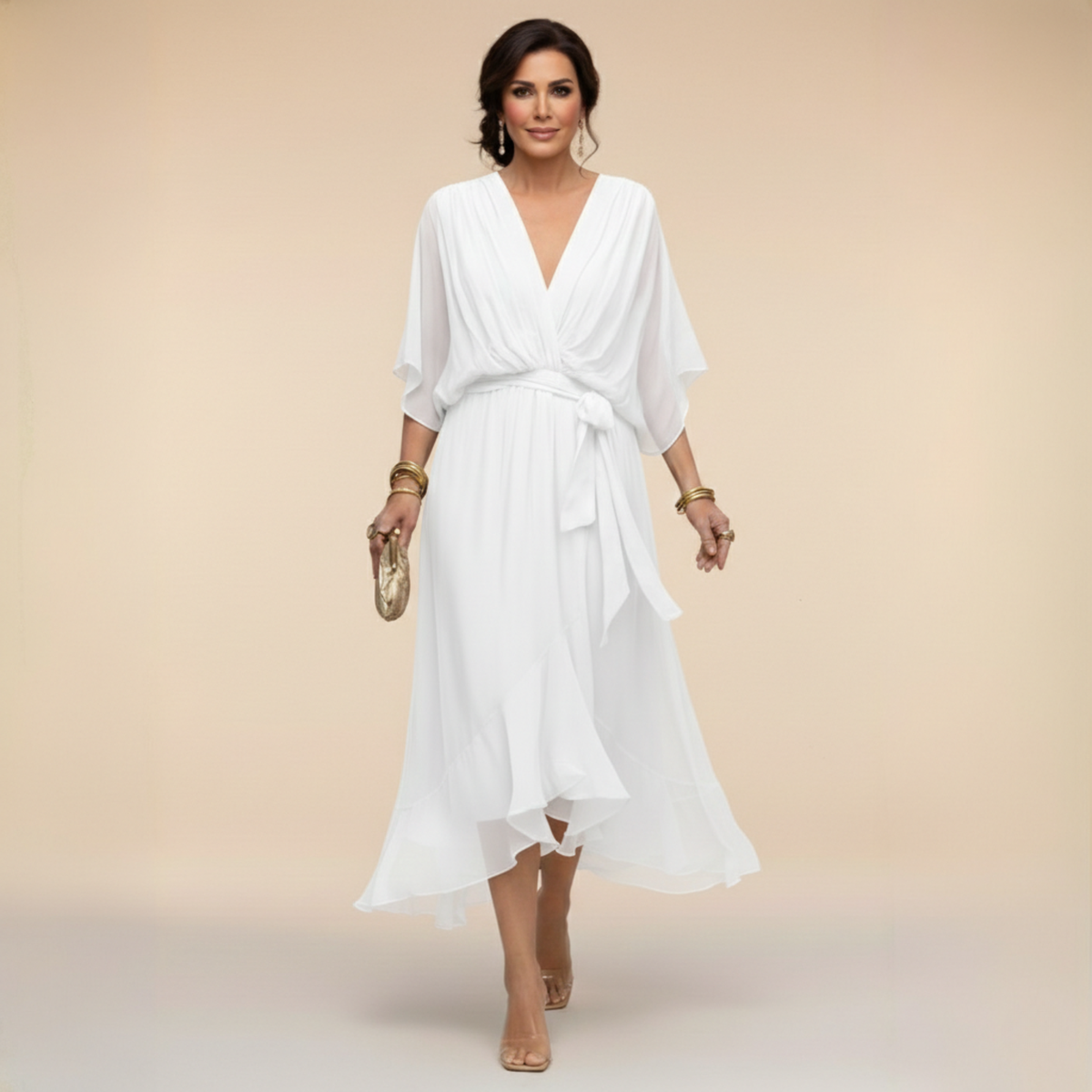 Women's Wrap Midi Dress V-Neck Batwing Sleeve Belted Ruffle Hem Cocktail Party