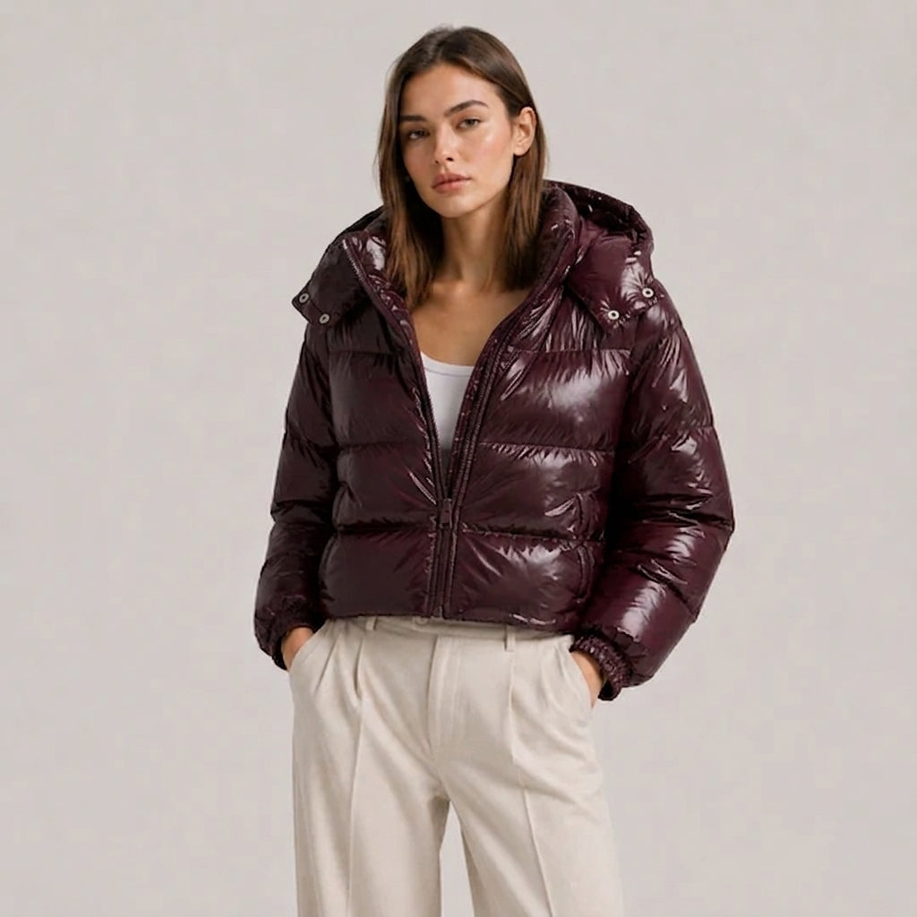 Women's Puffer Jacket Hooded Zip-Up Glossy Cropped Winter Coat