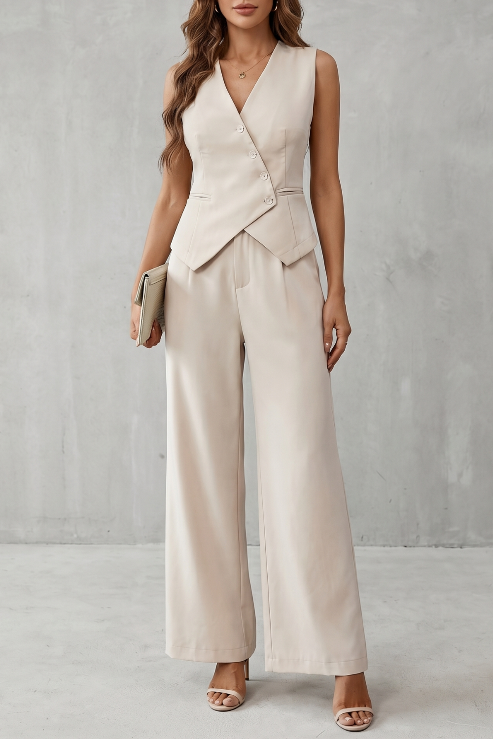 Women's Vest Pants Set V-Neck Button Front Sleeveless Wide Leg Suit