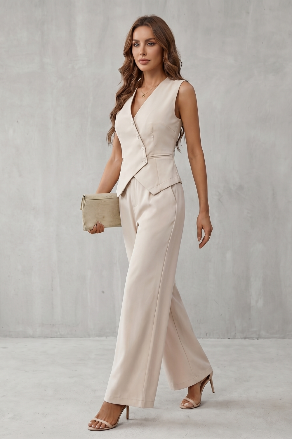 Women's Vest Pants Set V-Neck Button Front Sleeveless Wide Leg Suit