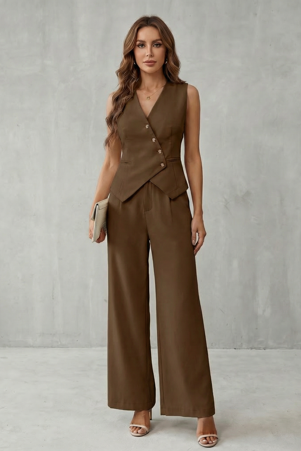Women's Vest Pants Set V-Neck Button Front Sleeveless Wide Leg Suit