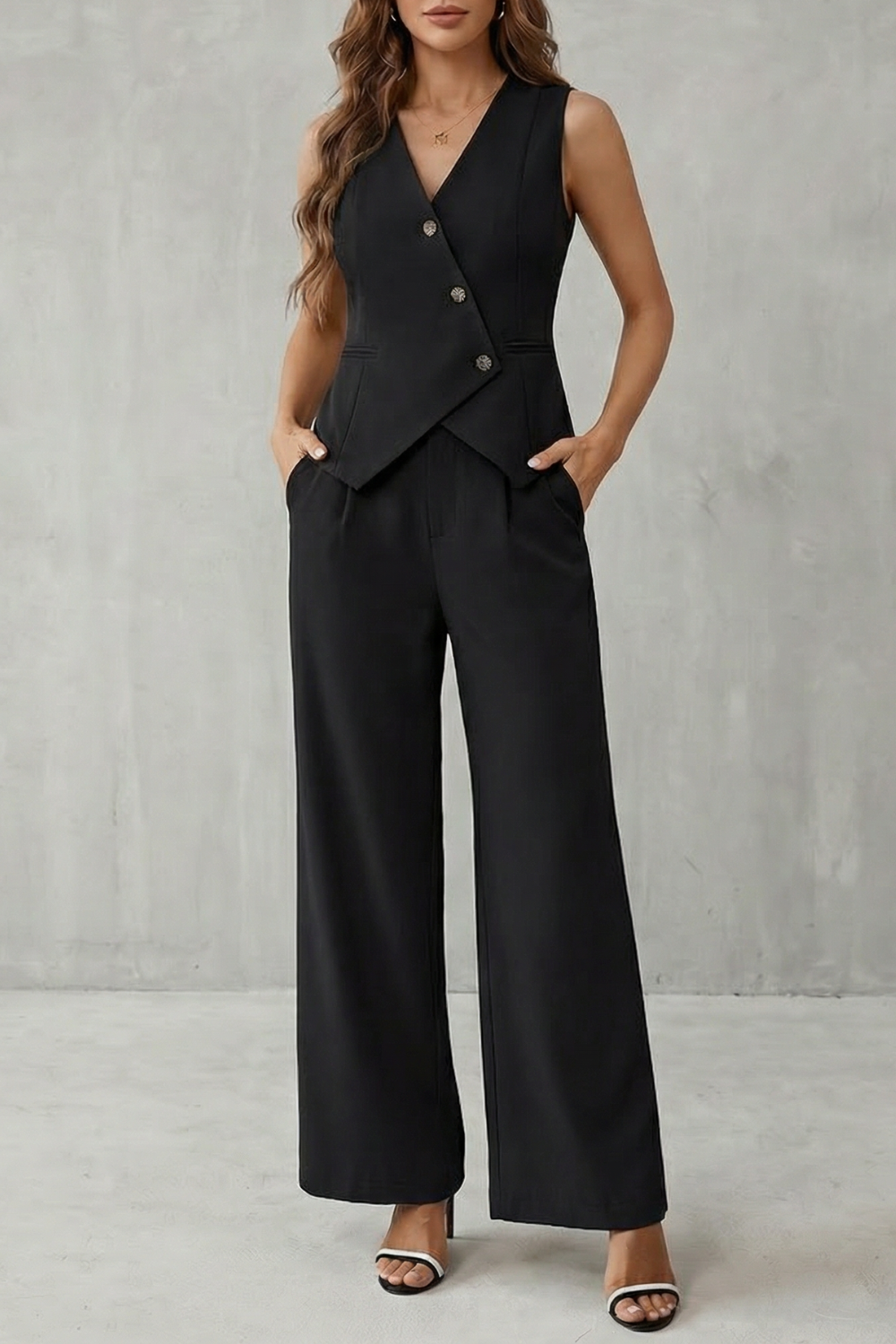 Women's Vest Pants Set V-Neck Button Front Sleeveless Wide Leg Suit