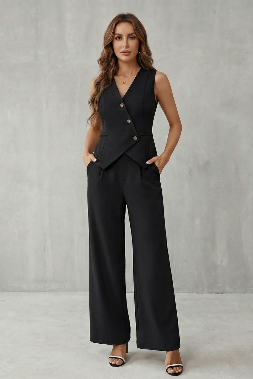 Women's Vest Pants Set V-Neck Button Front Sleeveless Wide Leg Suit