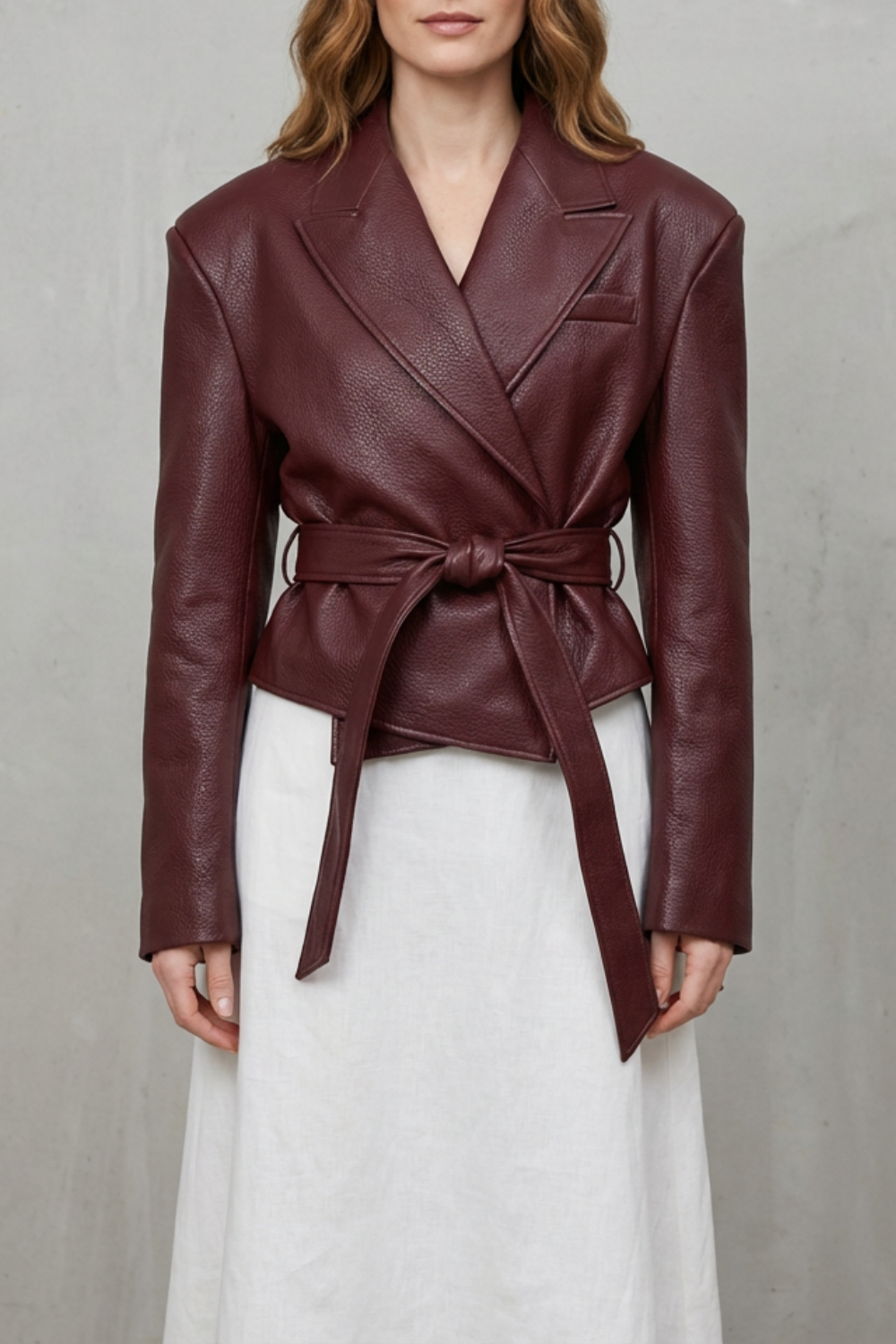 Women's Faux Leather Belted Blazer – Structured Shoulder Wrap Jacket