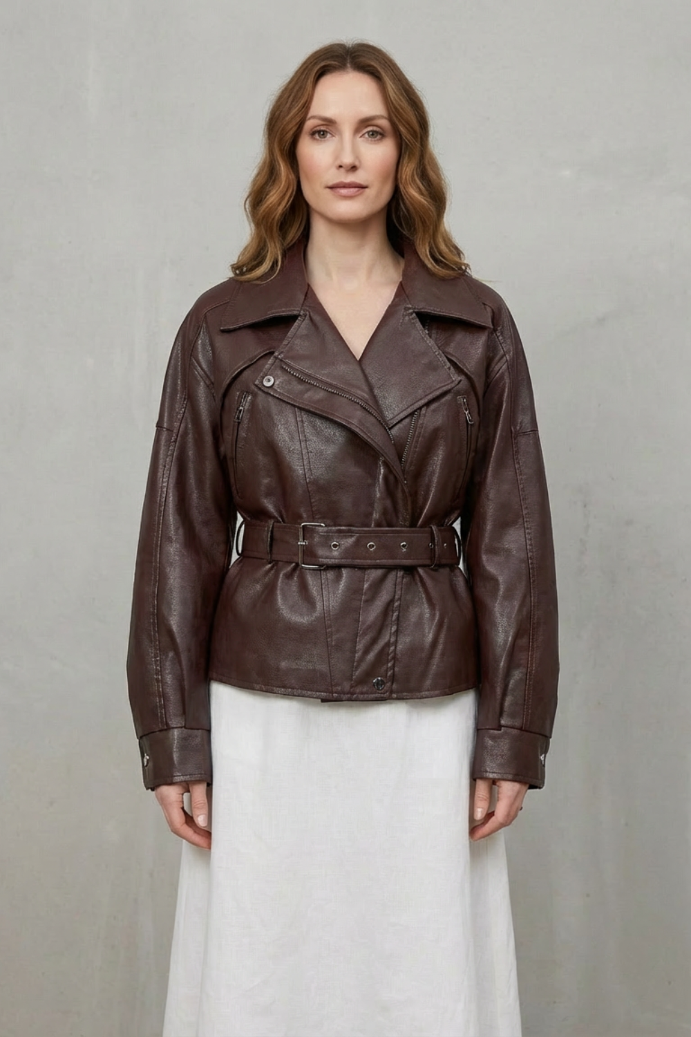 Women's Faux Leather Belted Blazer – Structured Shoulder Wrap Jacket