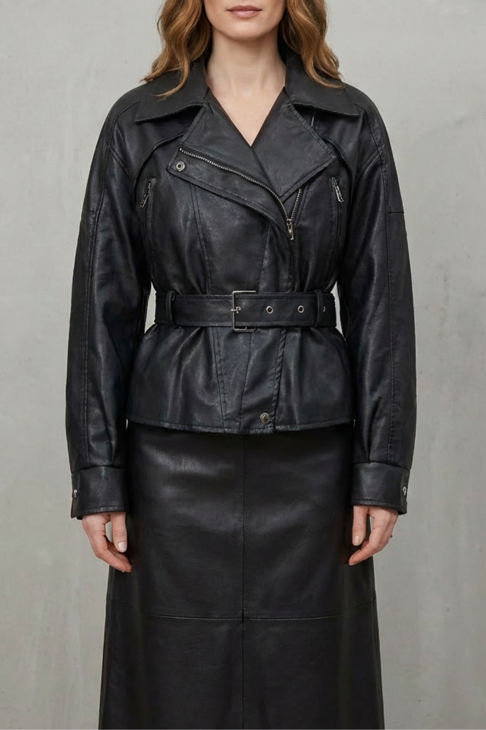 Women's Faux Leather Belted Blazer – Structured Shoulder Wrap Jacket