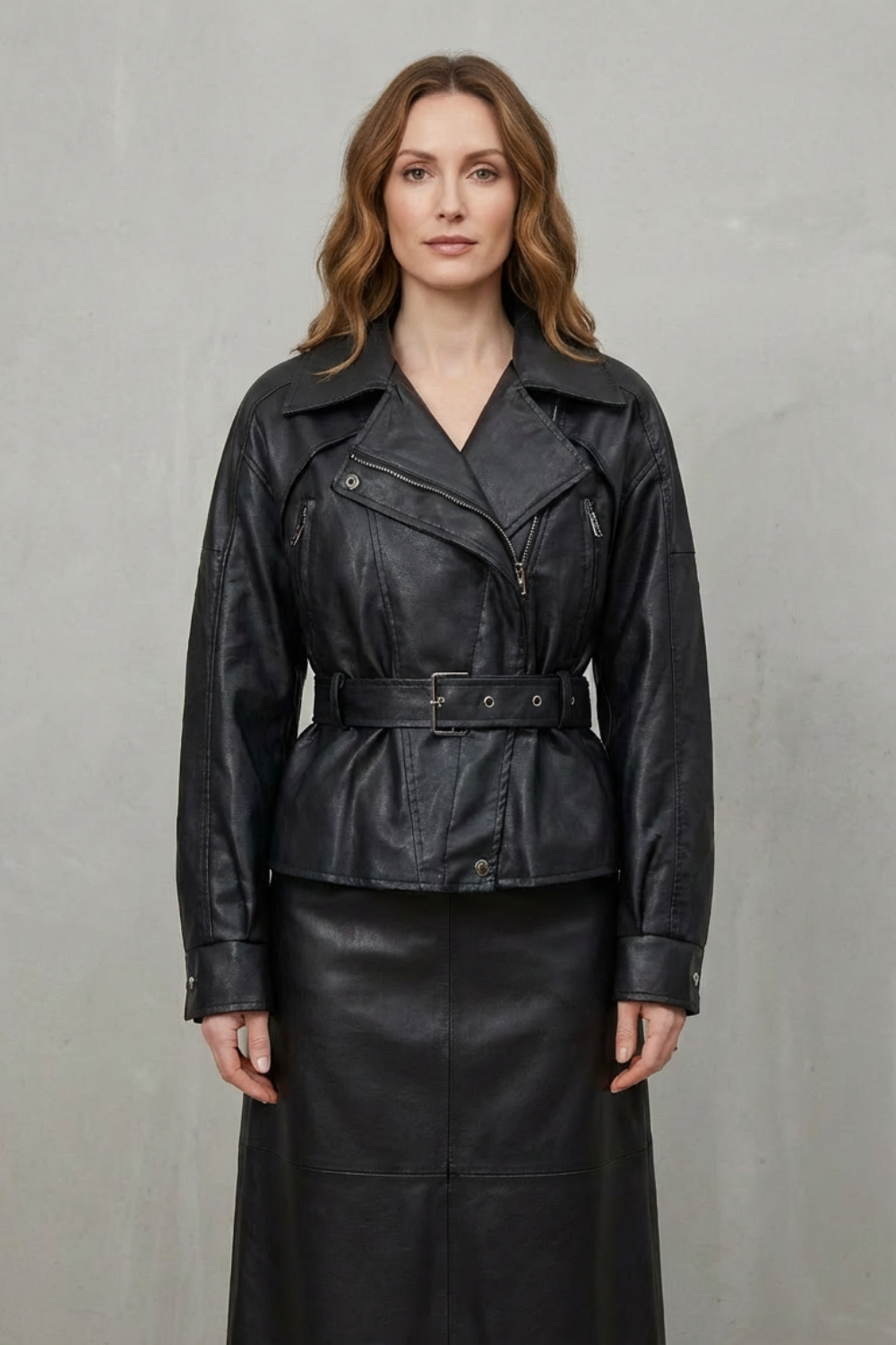 Women's Faux Leather Belted Blazer – Structured Shoulder Wrap Jacket
