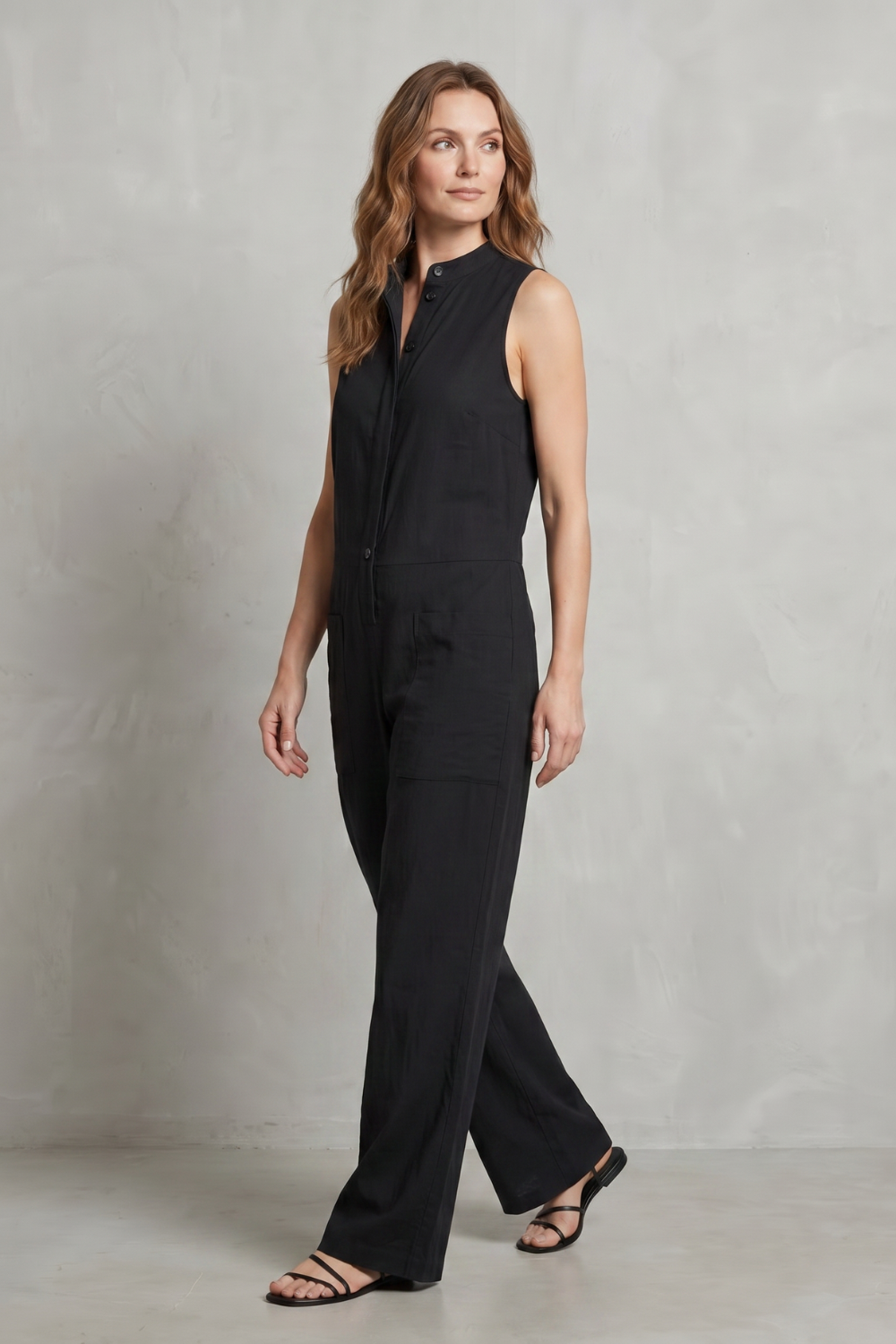 Women's Sleeveless Jumpsuit Wide Leg Button Front Pockets Casual