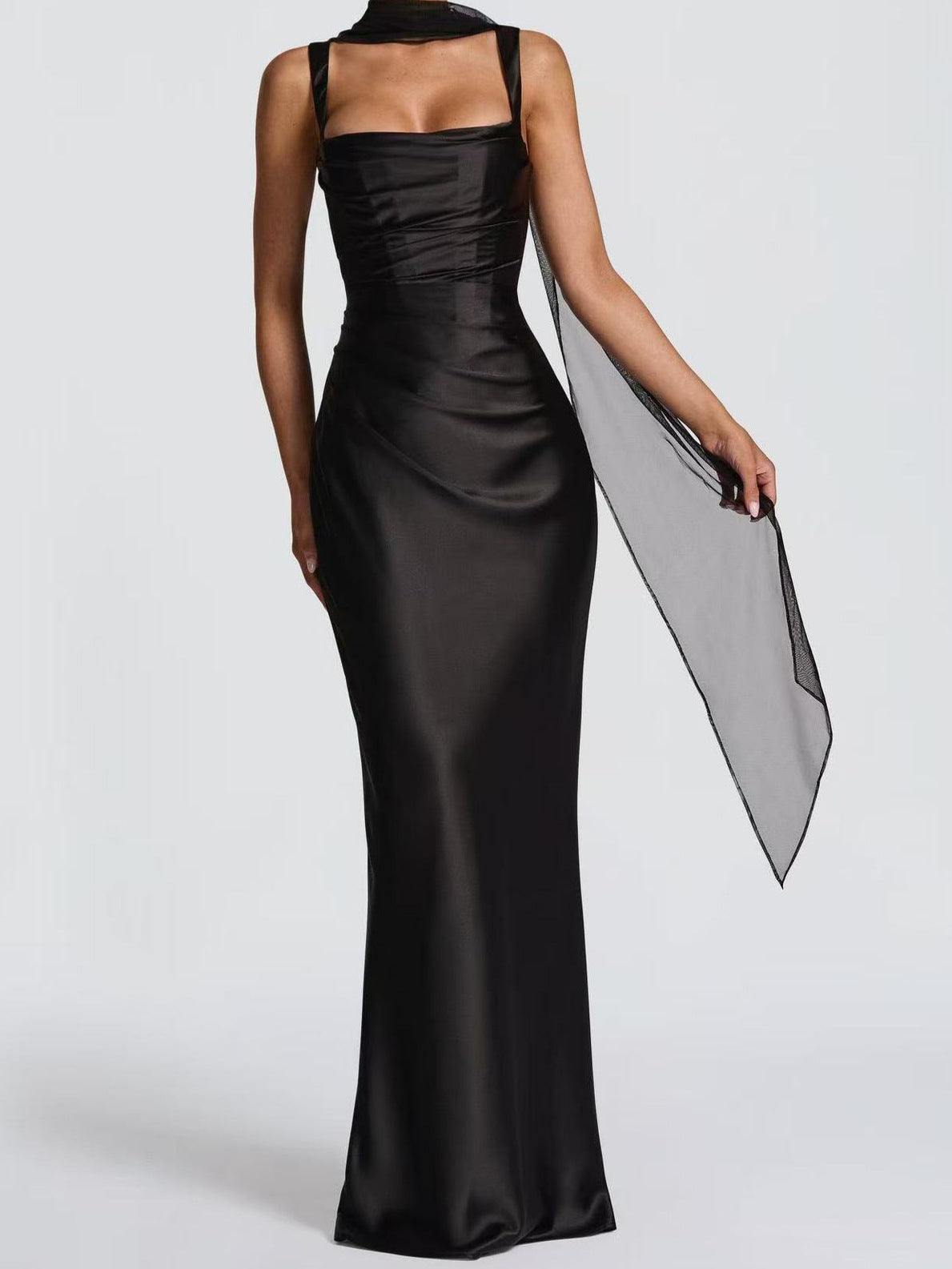Women's Satin Maxi Dress Square Neck Ruched Bodycon Sash Scarf Corset Evening Gown
