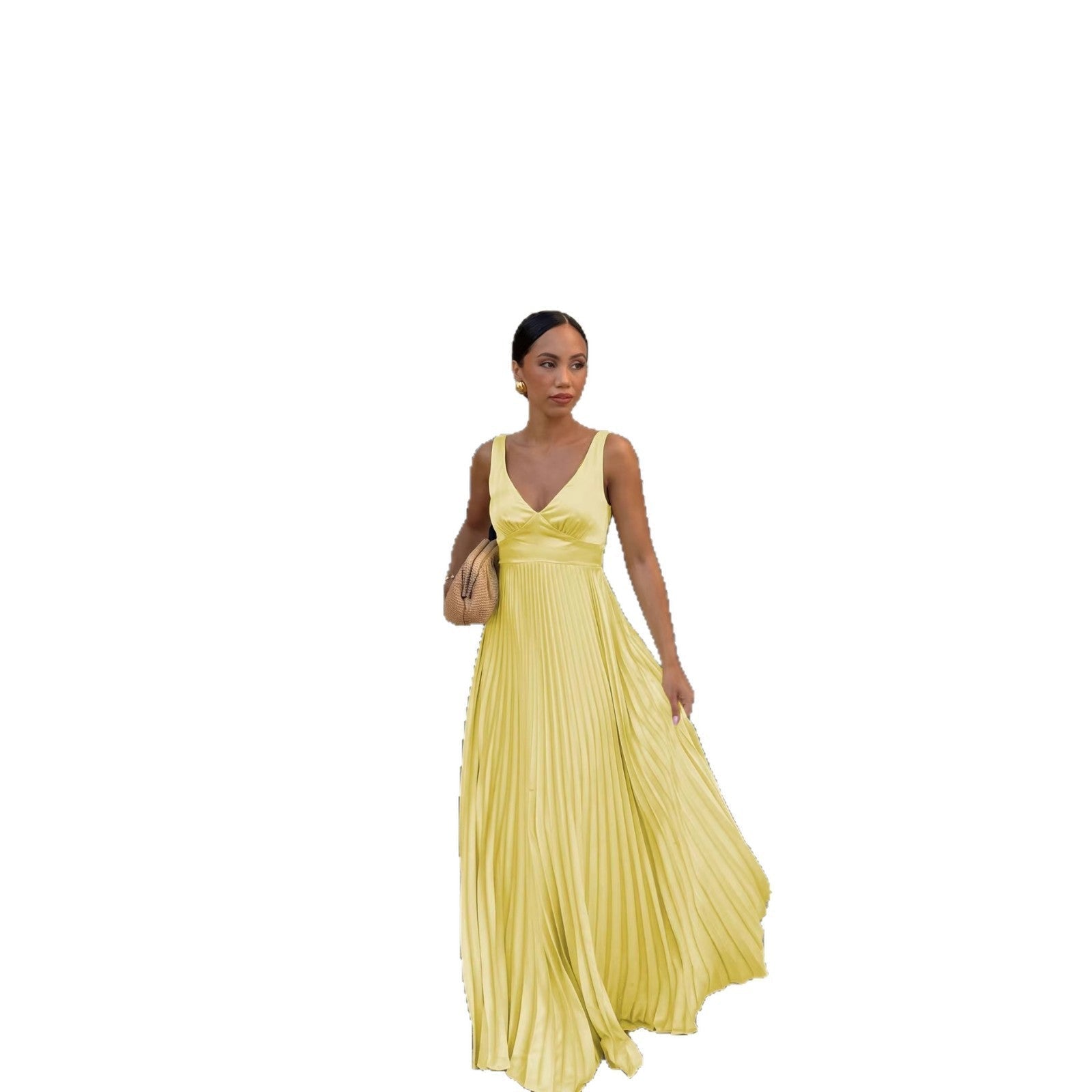 Women's Wedding Guest Maxi Dress V-Neck Pleated Sleeveless A-Line Formal