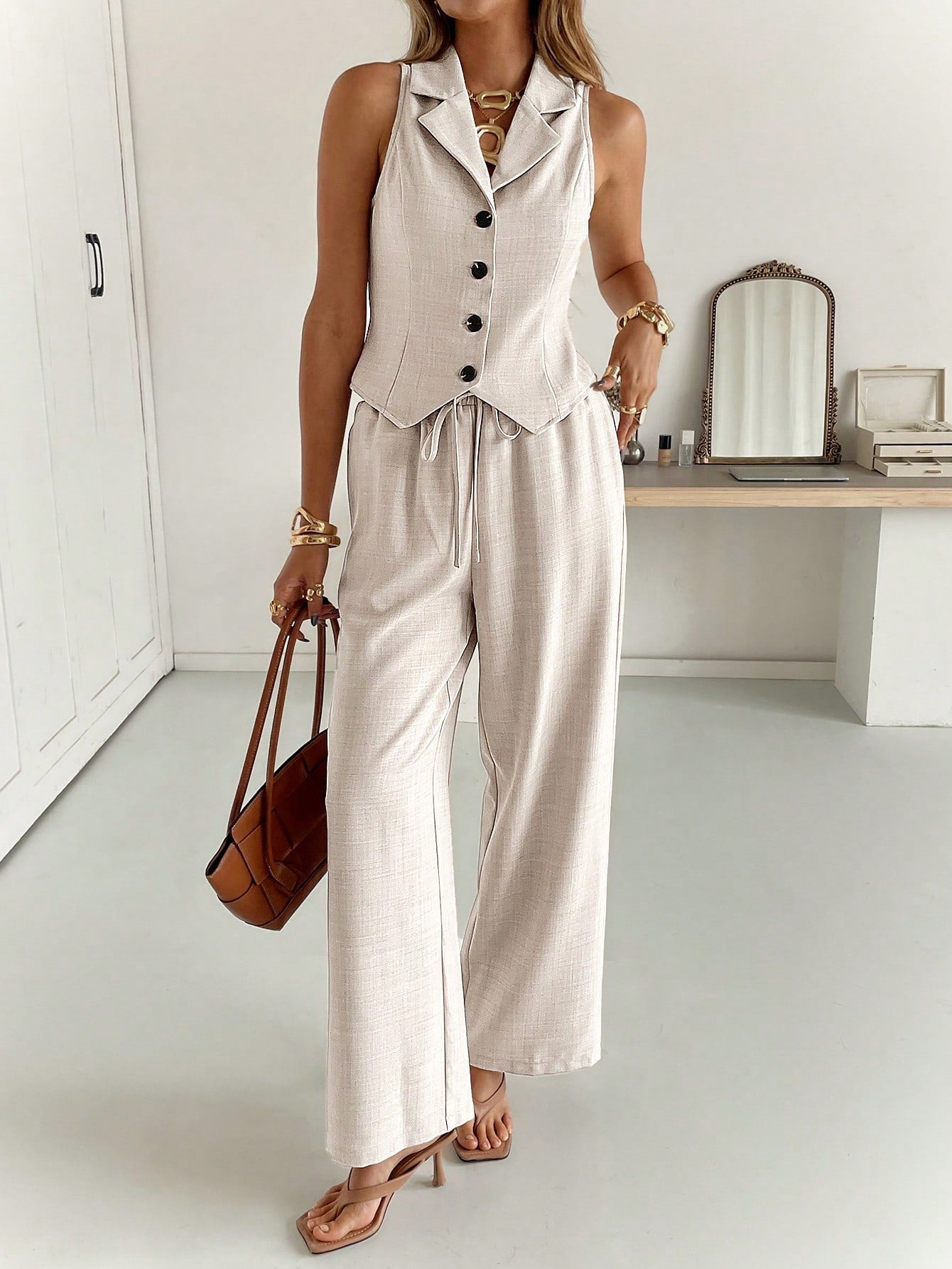 Women's 2-Piece Set Sleeveless Lapel Collar Button Front Vest Wide Leg Pants Casual