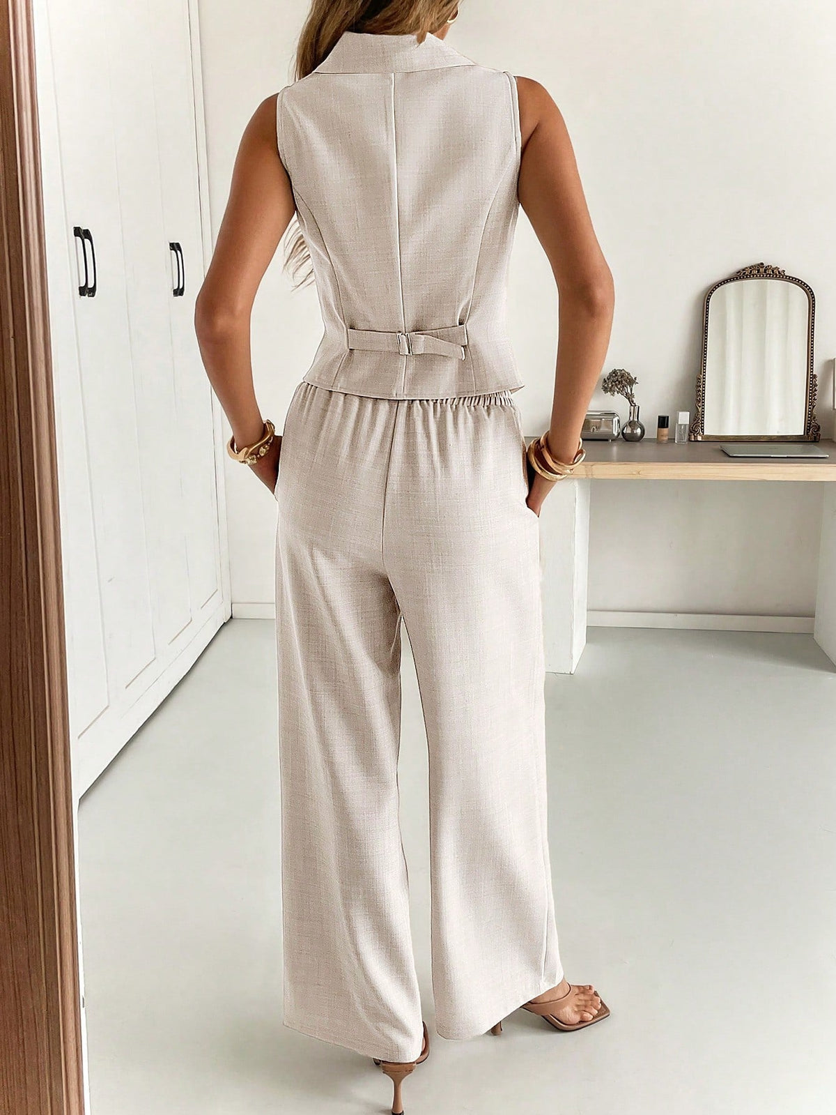Women's 2-Piece Set Sleeveless Lapel Collar Button Front Vest Wide Leg Pants Casual