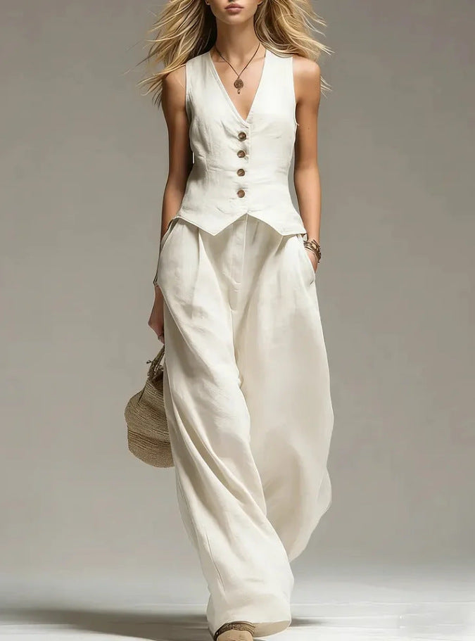 Women's 2-Piece Vest Top and Wide Leg Pants Set V-Neck Sleeveless Button Closure Casual