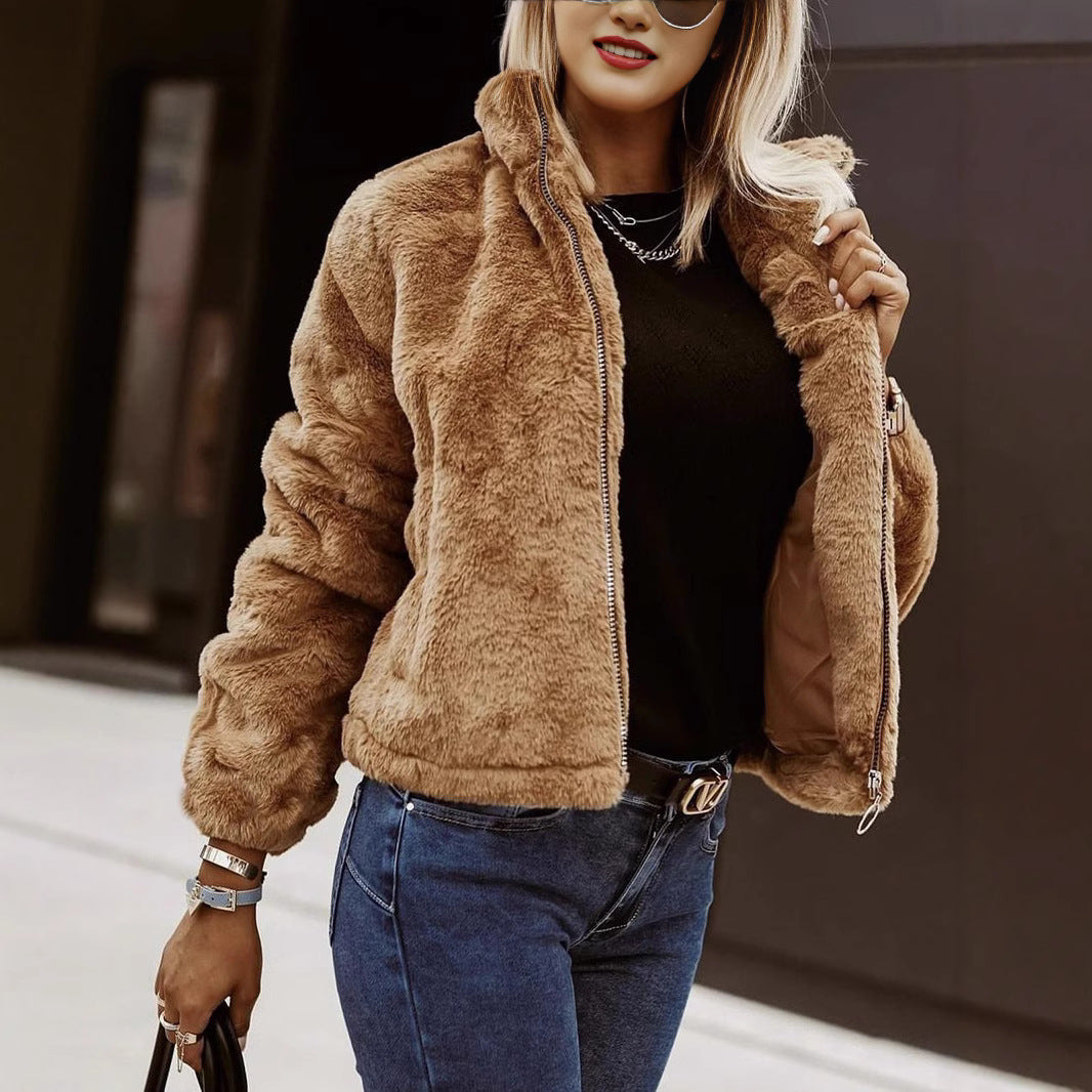 Women's Sherpa Bomber Jacket Zip-Up Stand Collar Long Sleeve Fleece Winter Coat