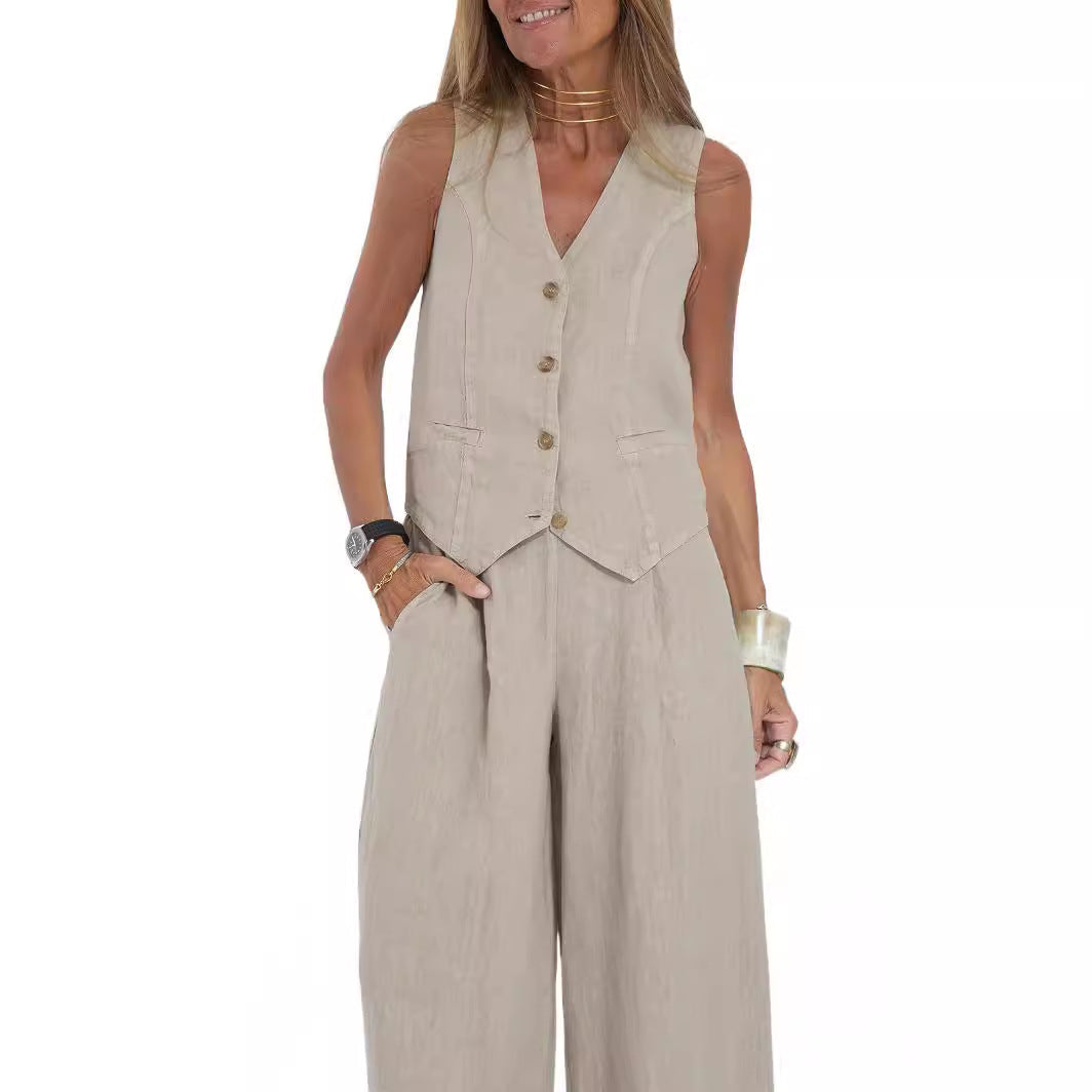 Women's Vest and Wide Leg Pants Set V-Neck Sleeveless Button Closure Casual Two Piece Outfit