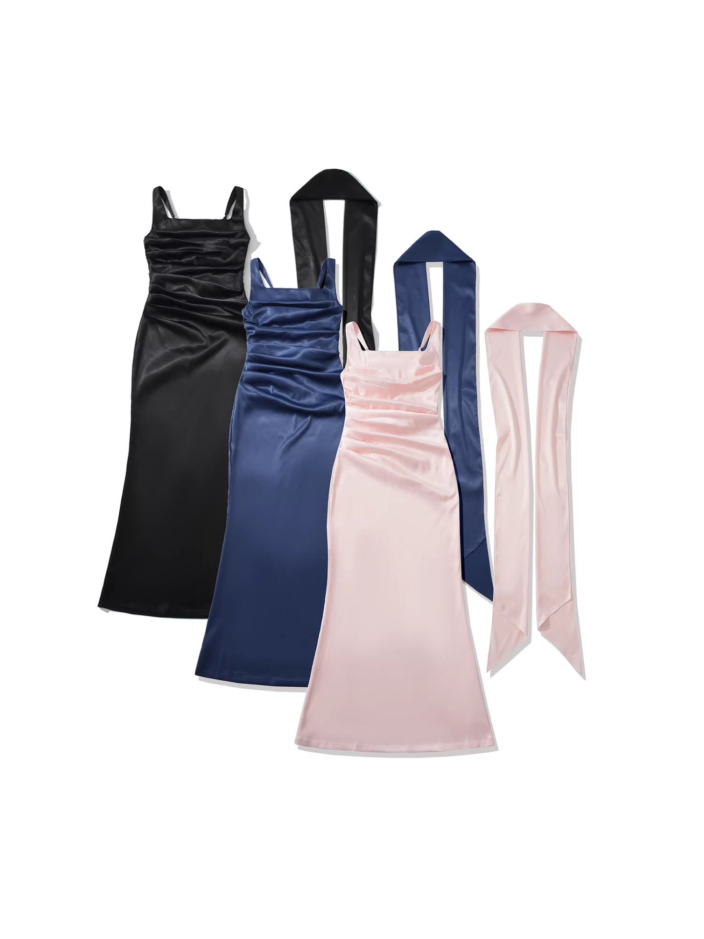 Women's Satin Maxi Dress Square Neck Ruched Bodycon Sash Scarf Corset Evening Gown