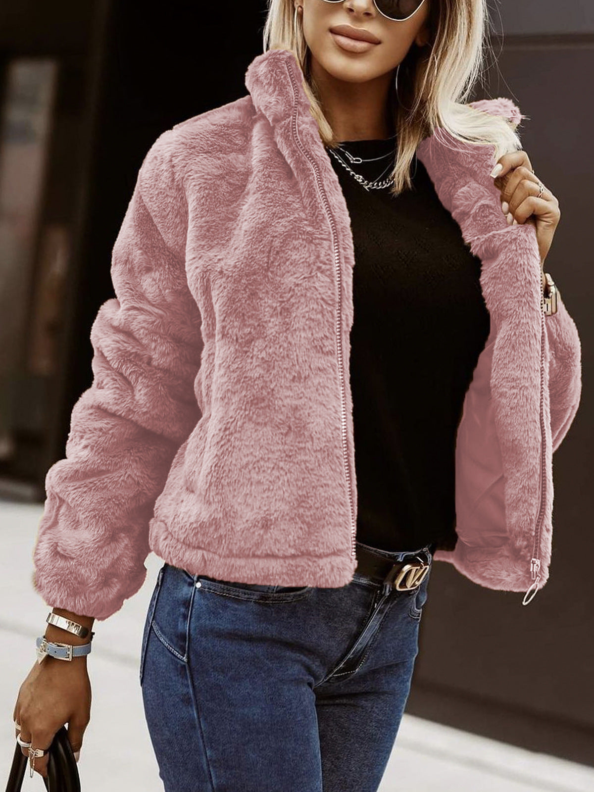 Women's Sherpa Bomber Jacket Zip-Up Stand Collar Long Sleeve Fleece Winter Coat