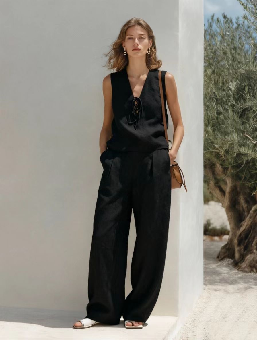 Women's Linen Cotton 2-Piece Set Sleeveless Lace-Up V-Neck Top Wide Leg Pants Casual