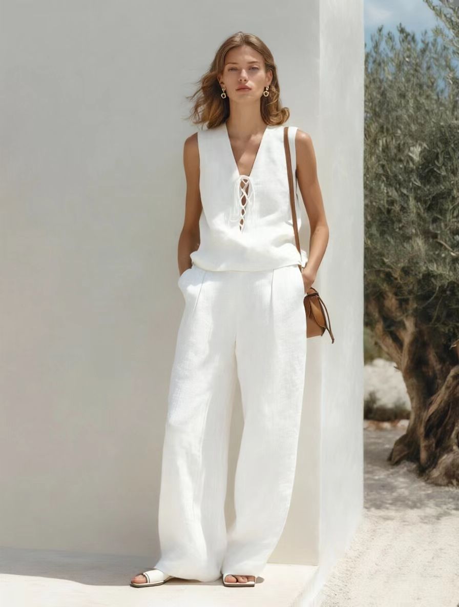 Women's Linen Cotton 2-Piece Set Sleeveless Lace-Up V-Neck Top Wide Leg Pants Casual