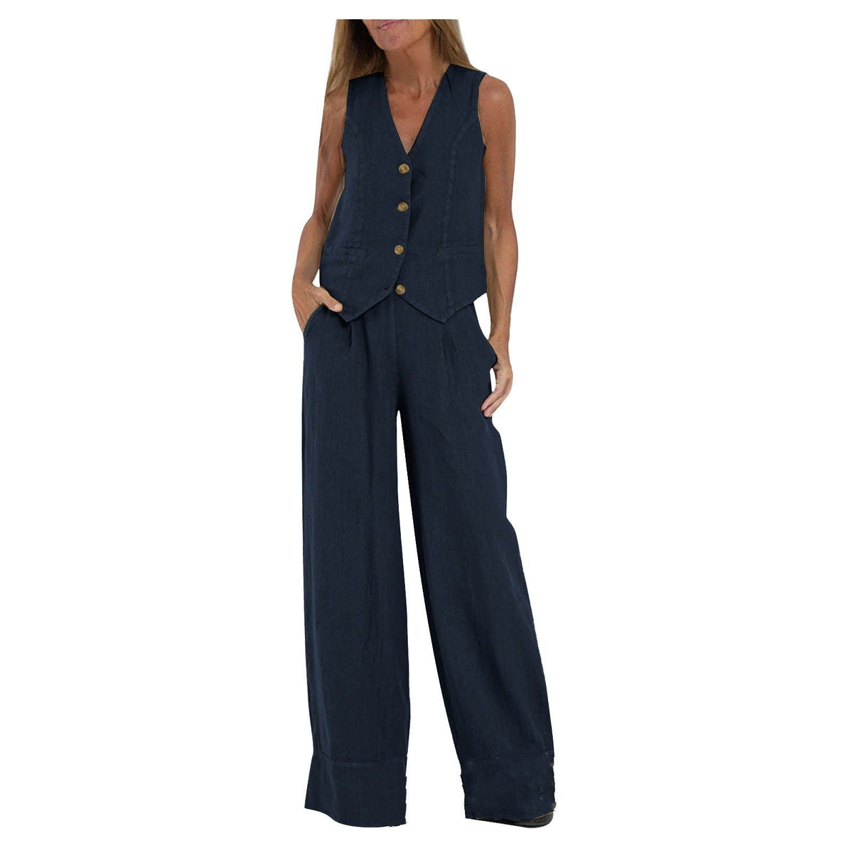 Women's Vest and Wide Leg Pants Set V-Neck Sleeveless Button Closure Casual Two Piece Outfit