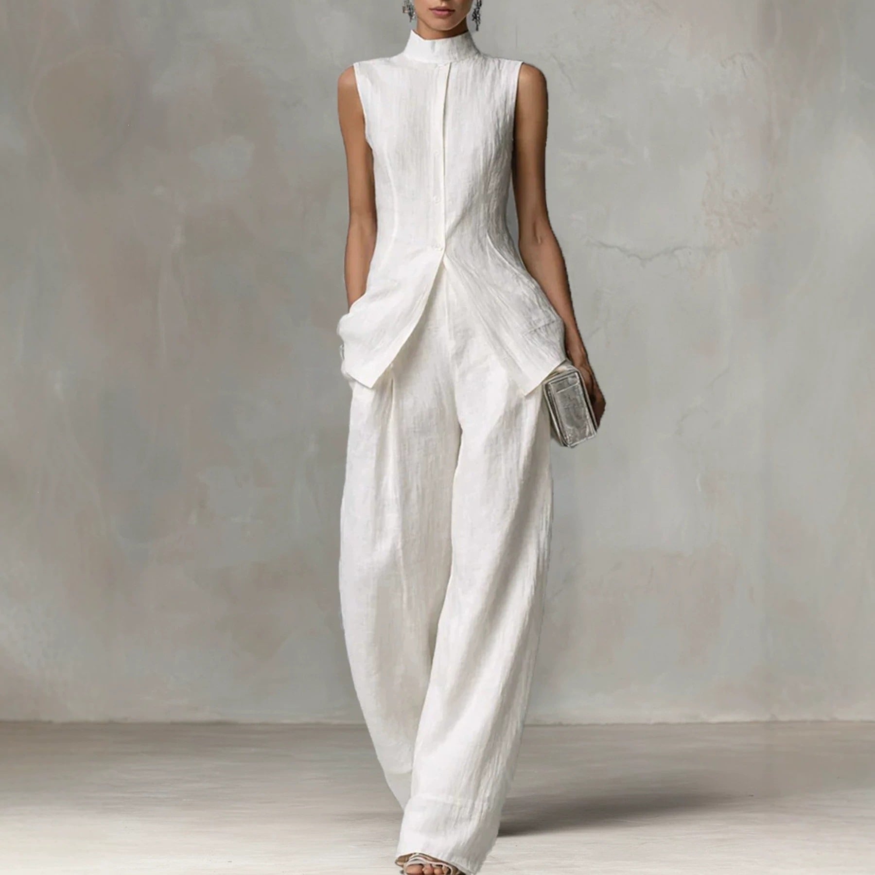 Women's Sleeveless Jumpsuit Set Mock Neck Button Front Slim Top Wide Leg Pants Casual