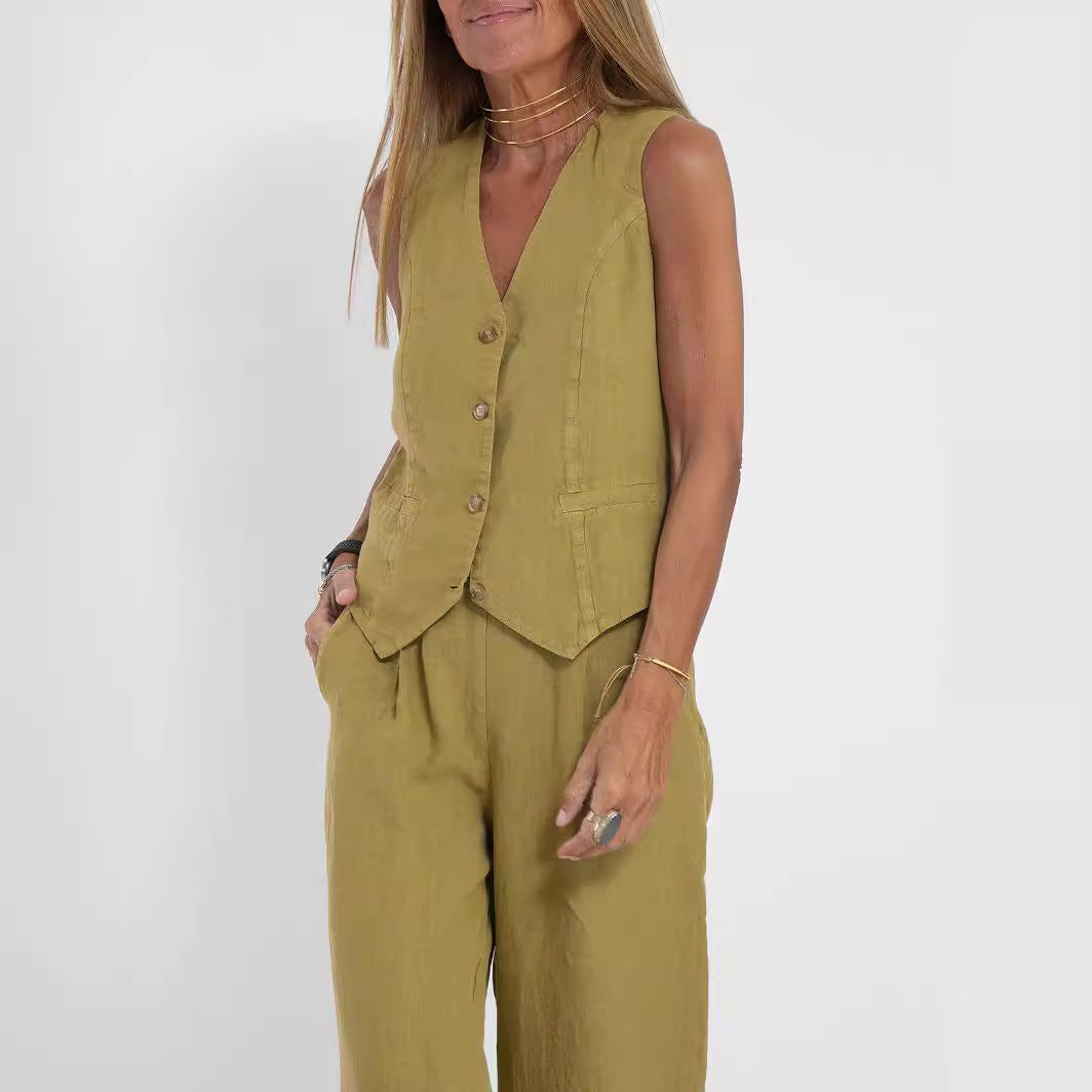 Women's Vest and Wide Leg Pants Set V-Neck Sleeveless Button Closure Casual Two Piece Outfit