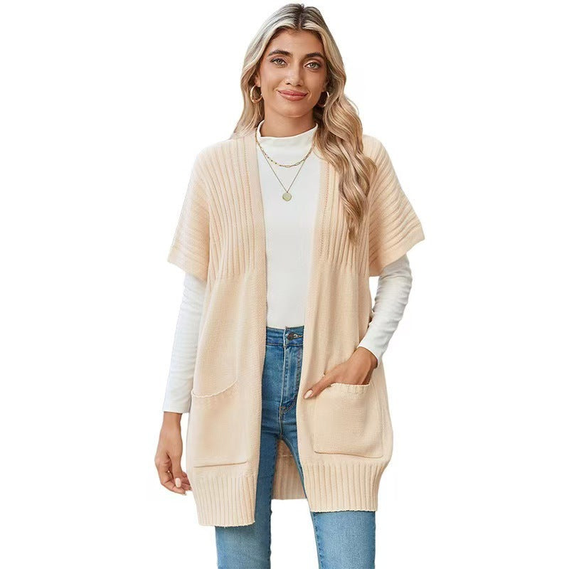 Women's Open-Front Knit Cardigan Short Sleeve Ribbed Pocket Casual Longline