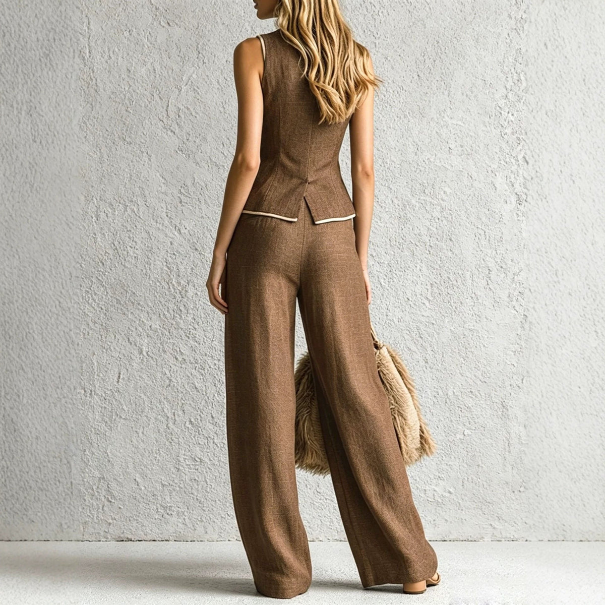 Women's 2-Piece Vest & Wide Leg Pants Set V-Neck Contrast Trim Button Front Casual