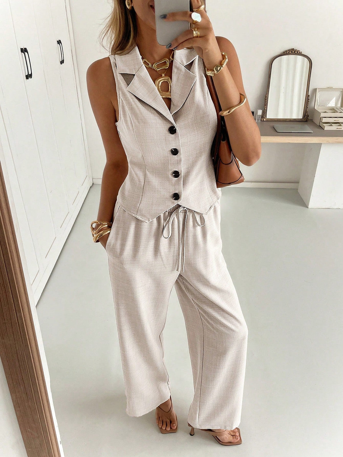 Women's 2-Piece Set Sleeveless Lapel Collar Button Front Vest Wide Leg Pants Casual