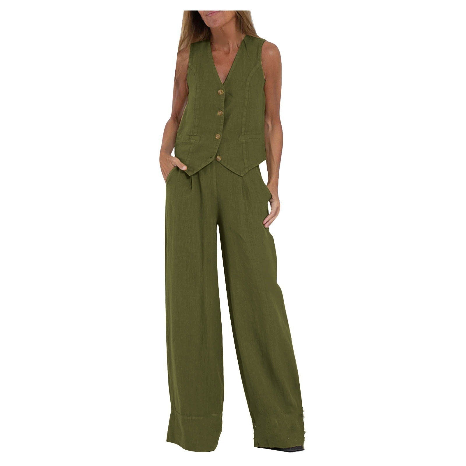 Women's Vest and Wide Leg Pants Set V-Neck Sleeveless Button Closure Casual Two Piece Outfit