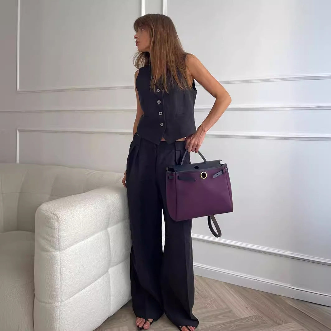 Women's Vest and Pants 2-Piece Set V-Neck Sleeveless Button Closure Wide Leg Casual Wear