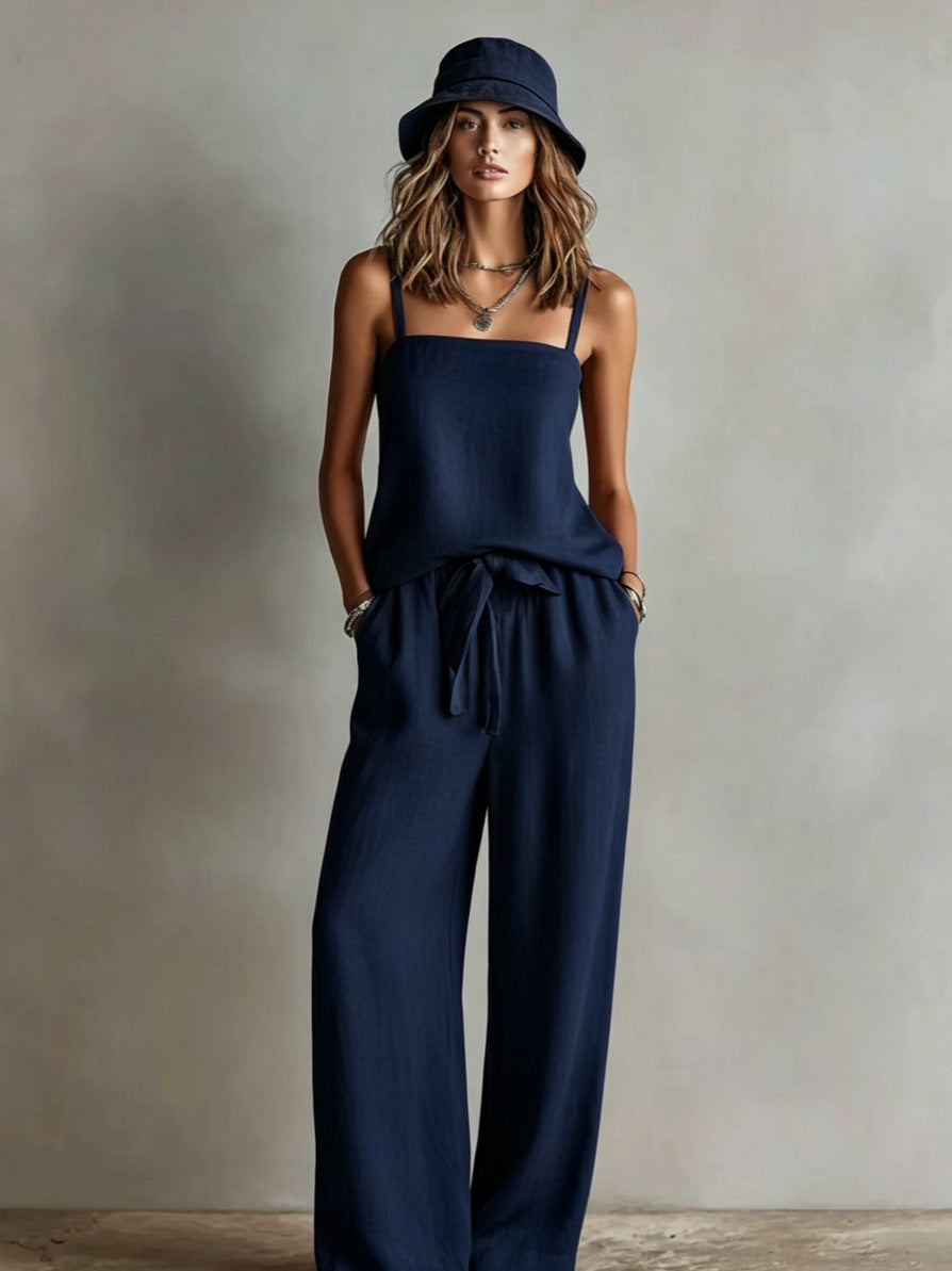 Women's Linen Cami Wide Leg Pants Set Square Neck Sleeveless Tie Waist Casual Loose Fit