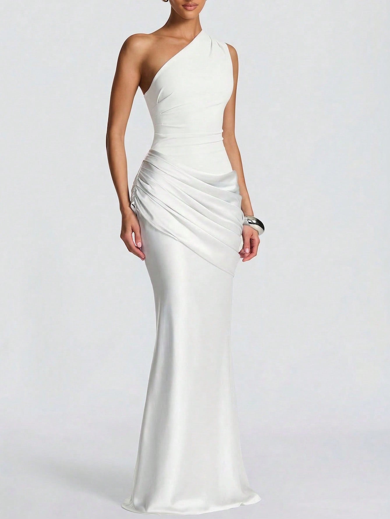 Women's One Shoulder Maxi Dress Sleeveless Ruched Bodycon Mermaid Formal Evening Gown
