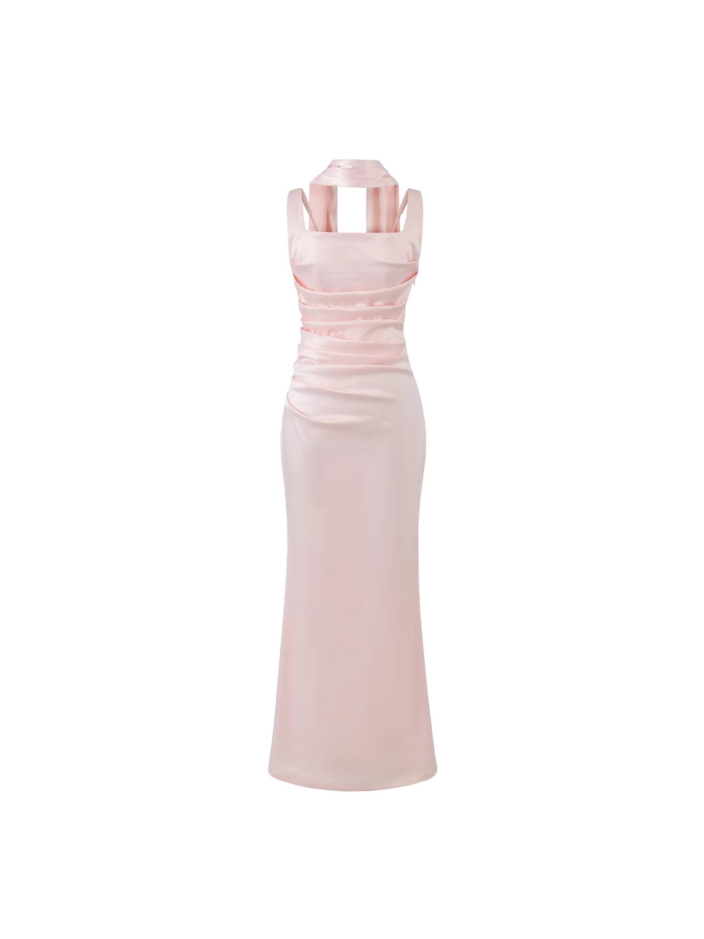Women's Satin Maxi Dress Square Neck Ruched Bodycon Sash Scarf Corset Evening Gown