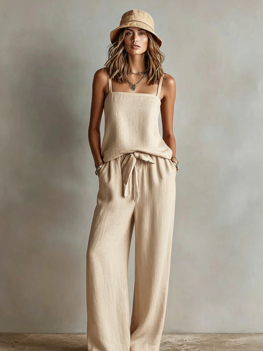 Women's Linen Cami Wide Leg Pants Set Square Neck Sleeveless Tie Waist Casual Loose Fit