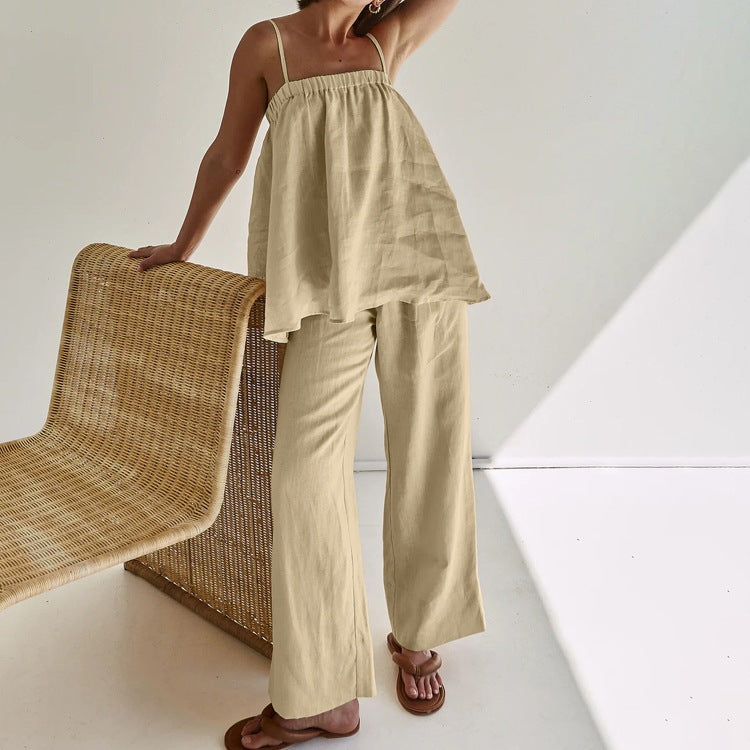 Women's Cotton Linen 2-Piece Set Cami Top Wide Leg Pants Loose Fit Casual Vacation