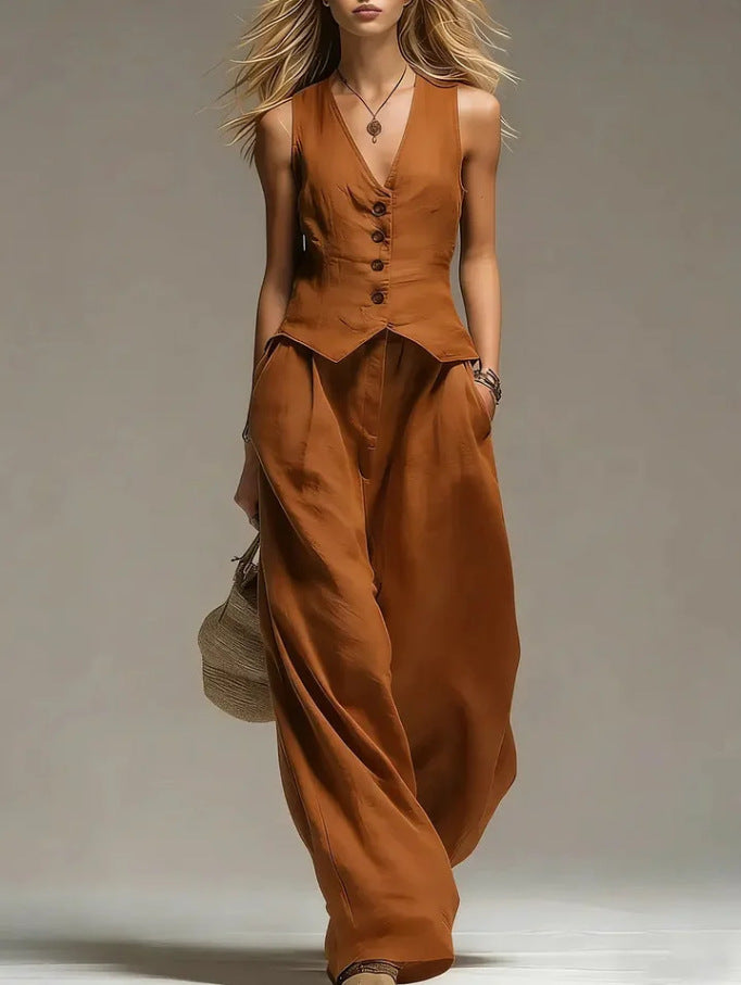 Women's 2-Piece Vest Top and Wide Leg Pants Set V-Neck Sleeveless Button Closure Casual