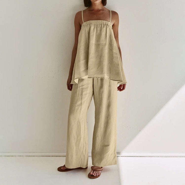 Women's Cotton Linen 2-Piece Set Cami Top Wide Leg Pants Loose Fit Casual Vacation