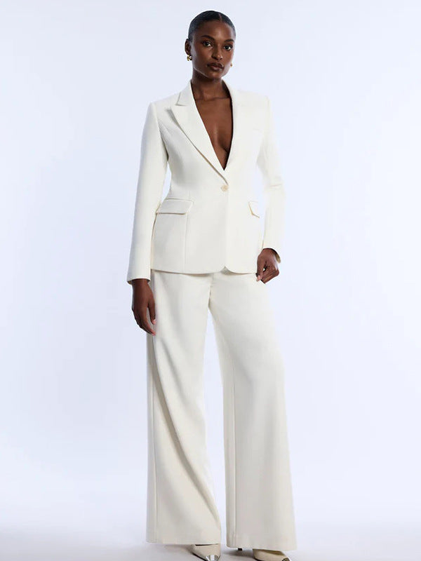 Women's 2 Piece Blazer Suit Set V-Neck Notch Lapel Long Sleeve Button Slim Fit Wide Leg Pants