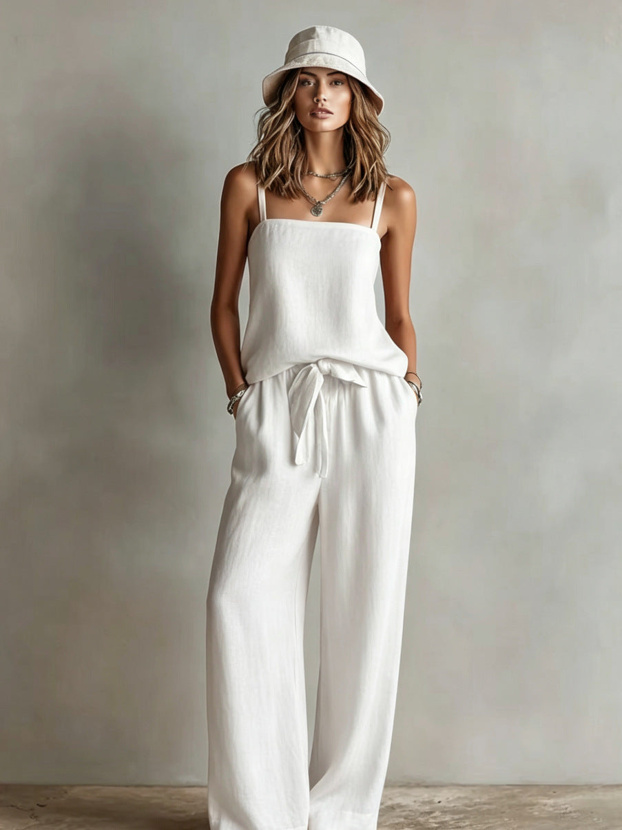 Women's Linen Cami Wide Leg Pants Set Square Neck Sleeveless Tie Waist Casual Loose Fit