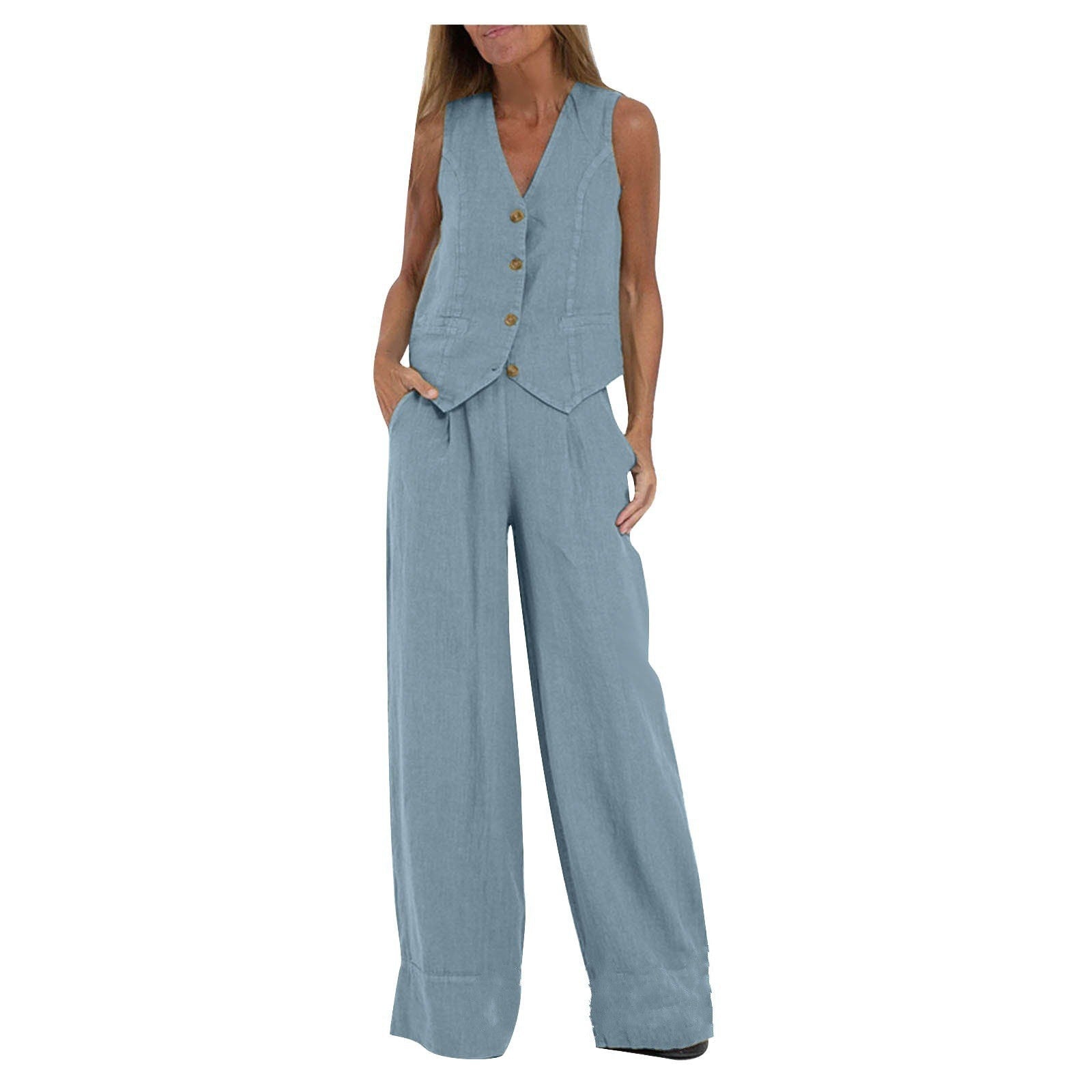 Women's Vest and Wide Leg Pants Set V-Neck Sleeveless Button Closure Casual Two Piece Outfit